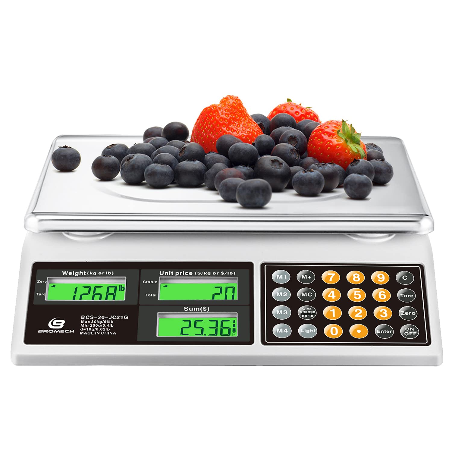 66lb Digital Commercial Food Scale with Green Backlight LCD - Price Computing Scale for Meat, Produce, Farmers Market & Retail - Battery Powered Weighing Scale for Kitchen, Grocery Store, Butcher Shop & Food Business