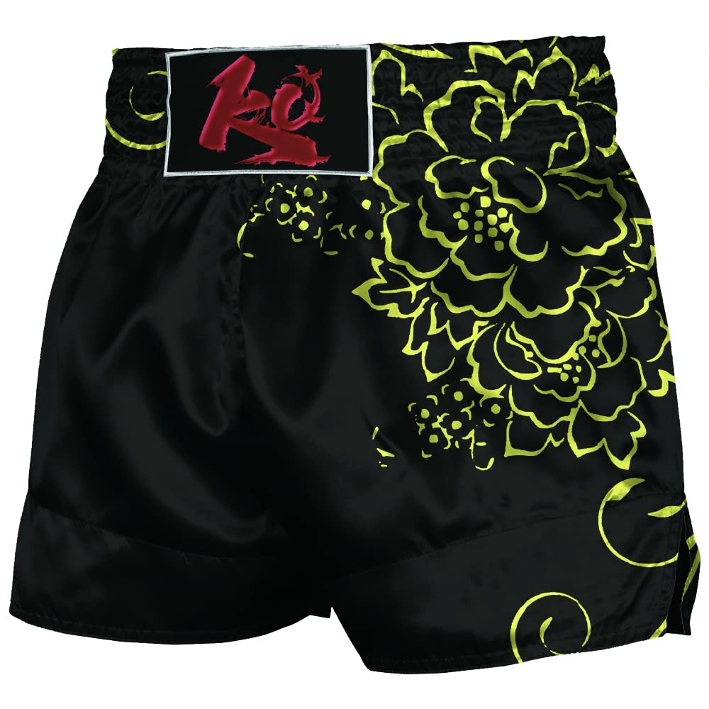 Premium Shiny Flower Muay Thai Shorts - Breathable Kickboxing Trunks for MMA, Boxing & Martial Arts Training - Ideal for Gym, Competition & Fitness Workouts - Black