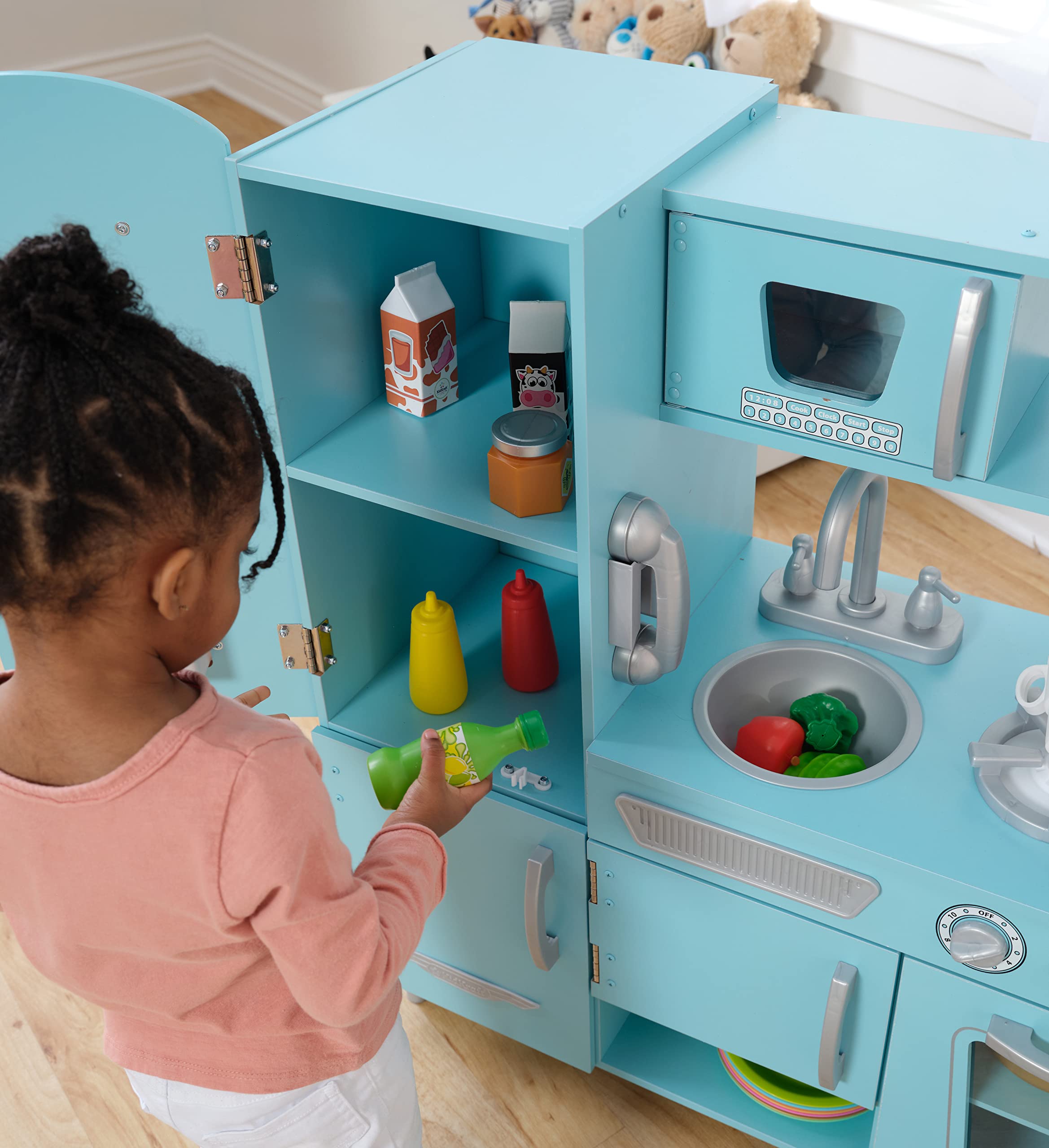 KidKraft Vintage Wooden Play Kitchen Toy for Kids - Blue Pretend Kitchen with Ice Maker & Play Phone | Perfect for Pretend Play, Role-Playing & Early Childhood Development