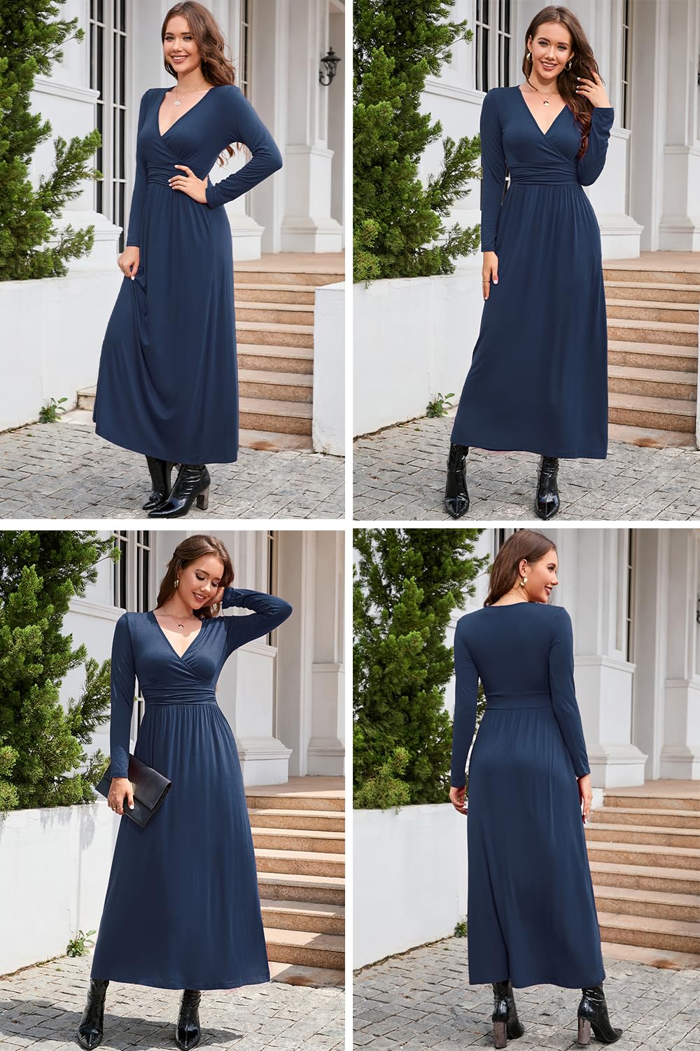 OUGES Women's V-Neck Wrap Waist Maxi Dress - Long & Short Sleeve Options - Perfect for Summer Beach, Wedding Guest & Casual Outings