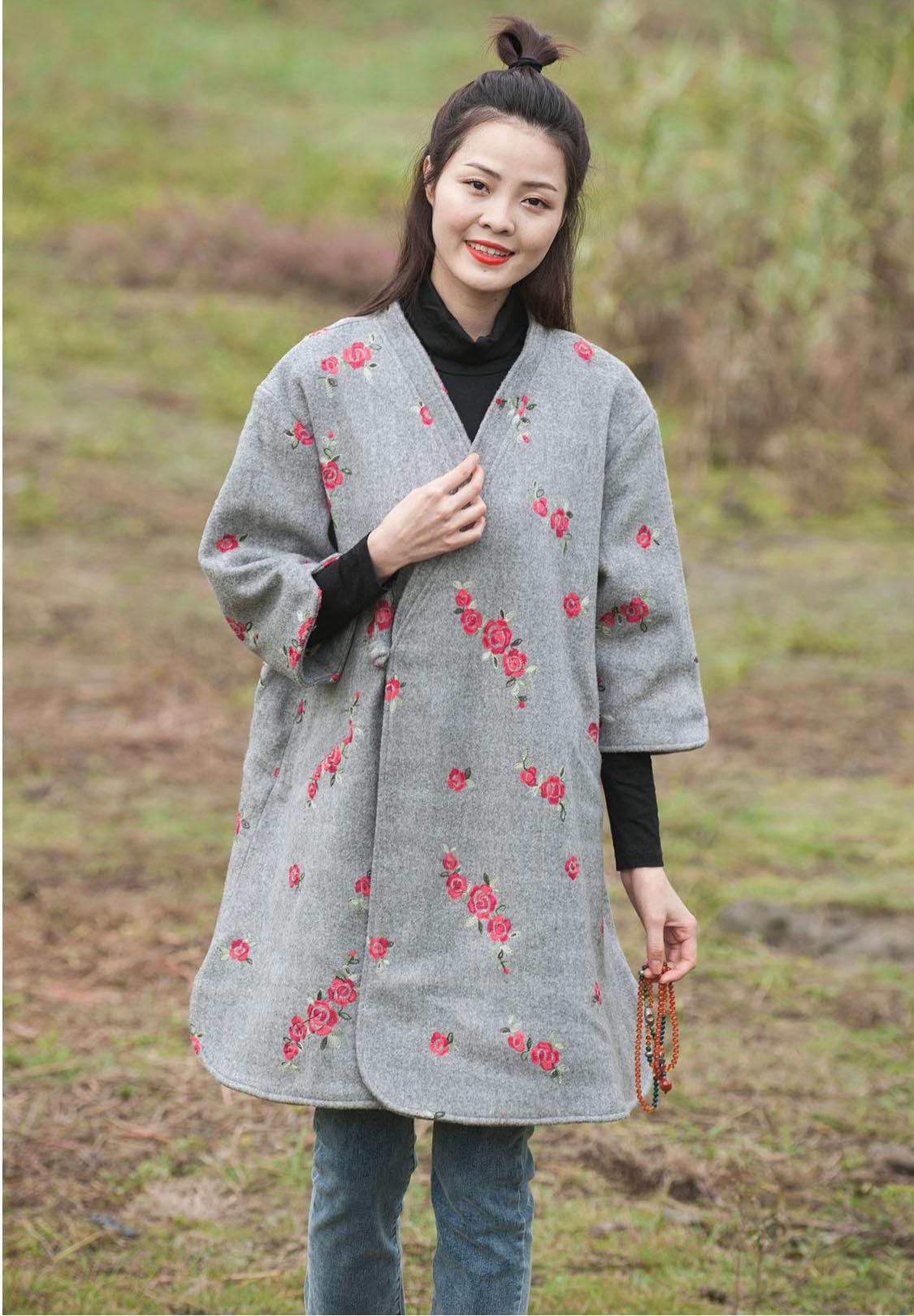 Premium Wool Blend Grey Embroidered Mid-Length Coat for Women - Stylish Winter Outerwear for Work, Travel & Casual Outings