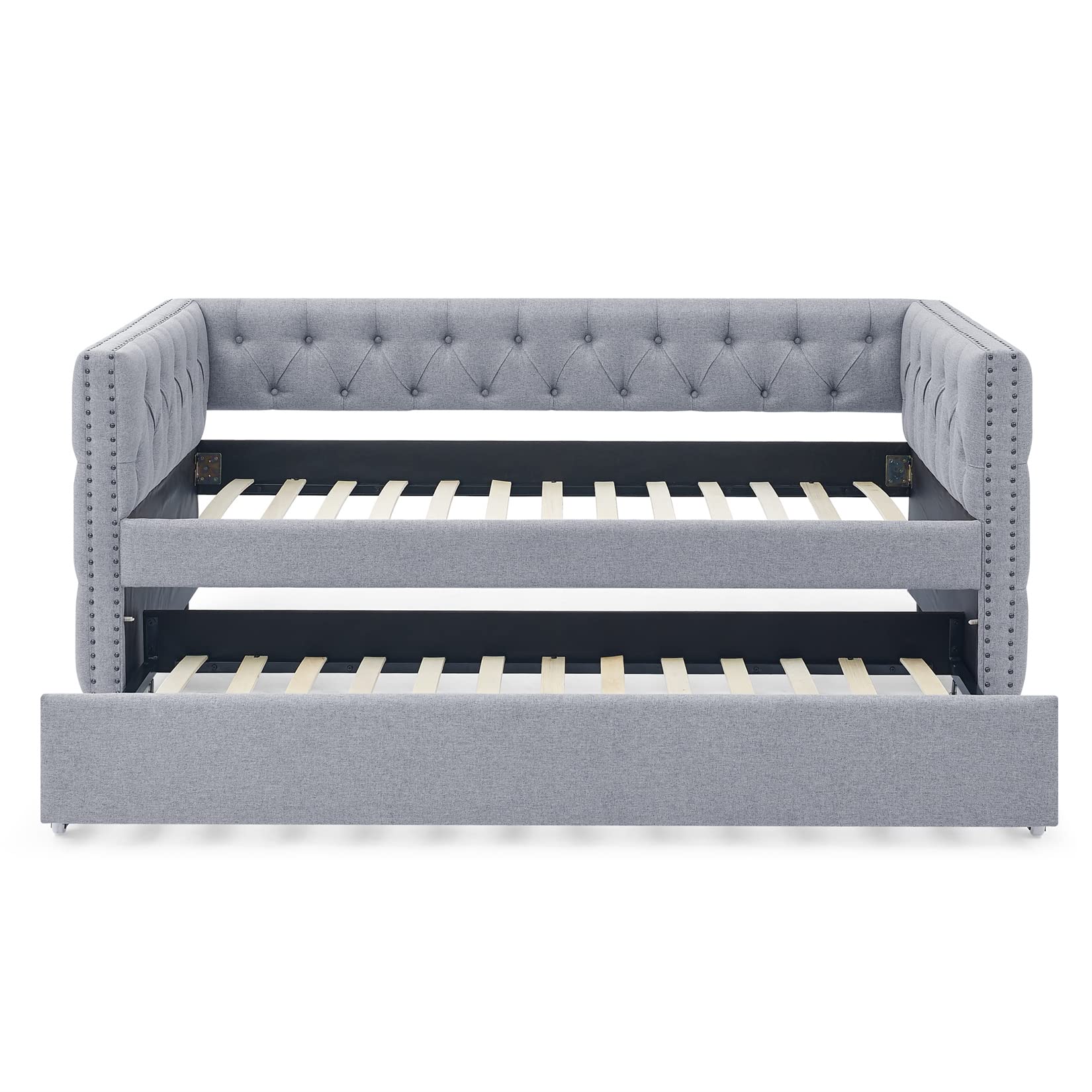 Bellemave Twin Upholstered Daybed with Trundle - Mid Century Modern Tufted Button Sofa Bed Frame with Wood Slats - Gray Twin Size Daybed for Living Room, Guest Room & Small Space