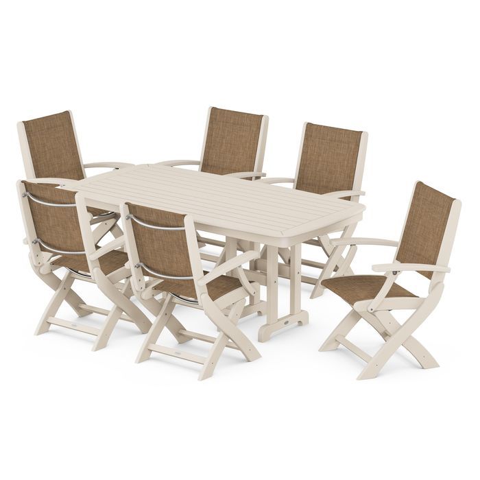 POLYWOOD Coastal Folding Arm Chair 7-Piece Outdoor Dining Set - Perfect for Patio, Deck, Poolside & Beachfront Entertaining