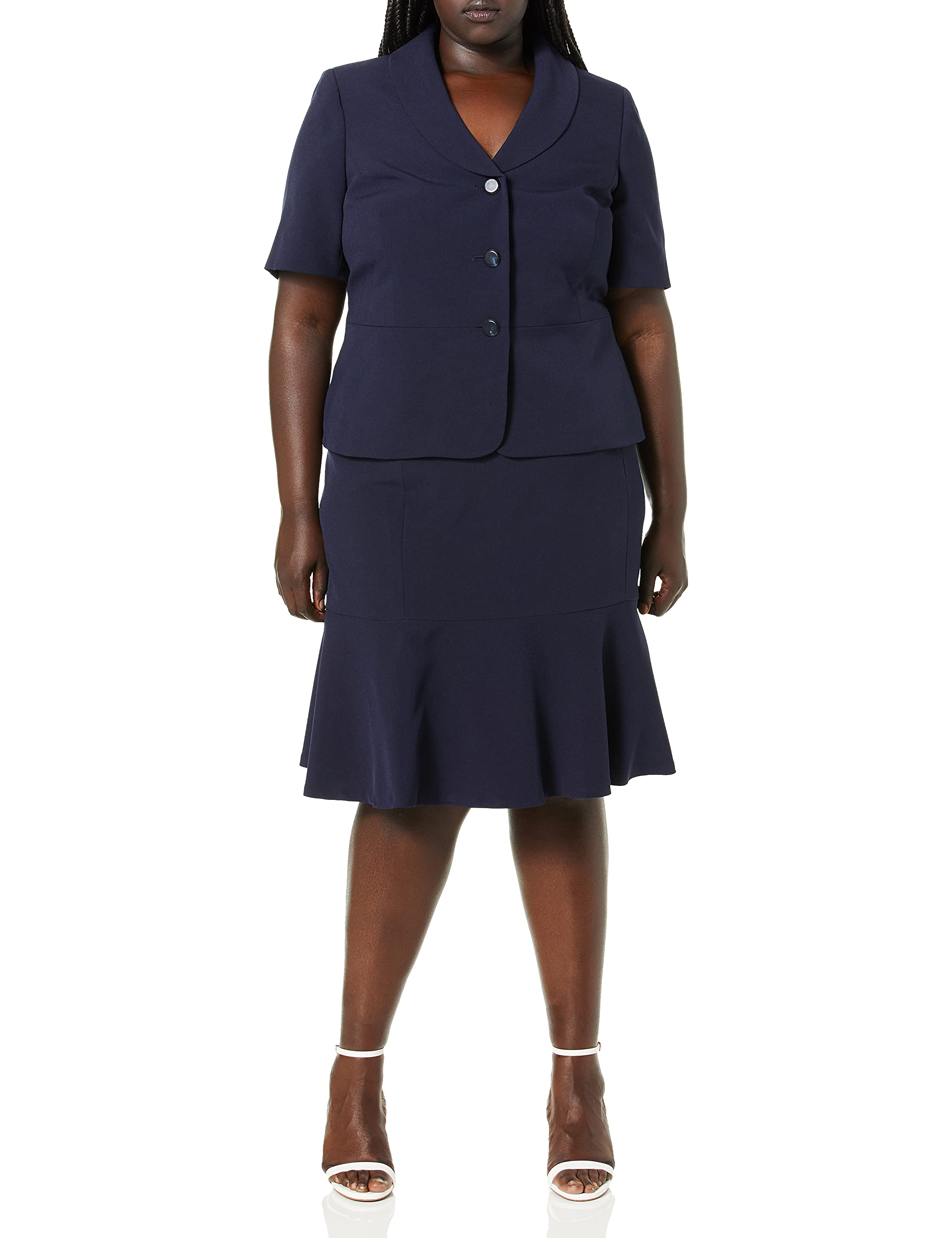 Le Suit Women's 3-Button Notch Collar Short Sleeve Crepe Flounce Skirt Suit Set - Professional Office Wear & Business Attire for Women