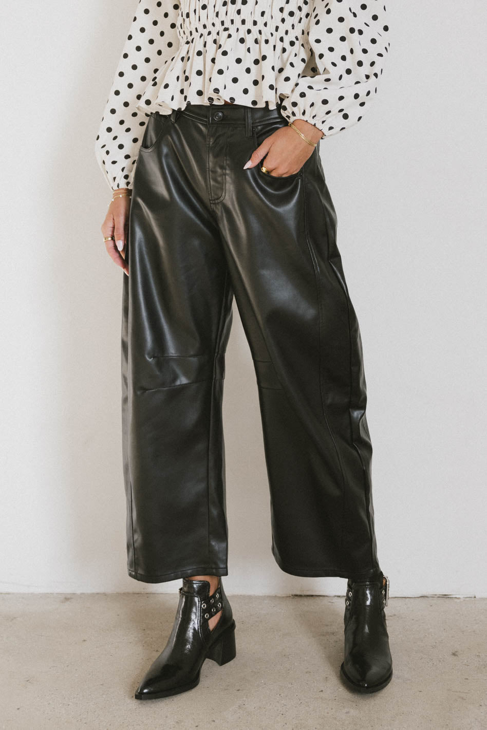 Langston Vegan Leather Barrel Jeans for Women - Black Faux Leather High Waist Pants, Stretch Comfort Fit, Trendy Vegan Fashion   Perfect for Casual Outings, Date Nights, and Office Wear
