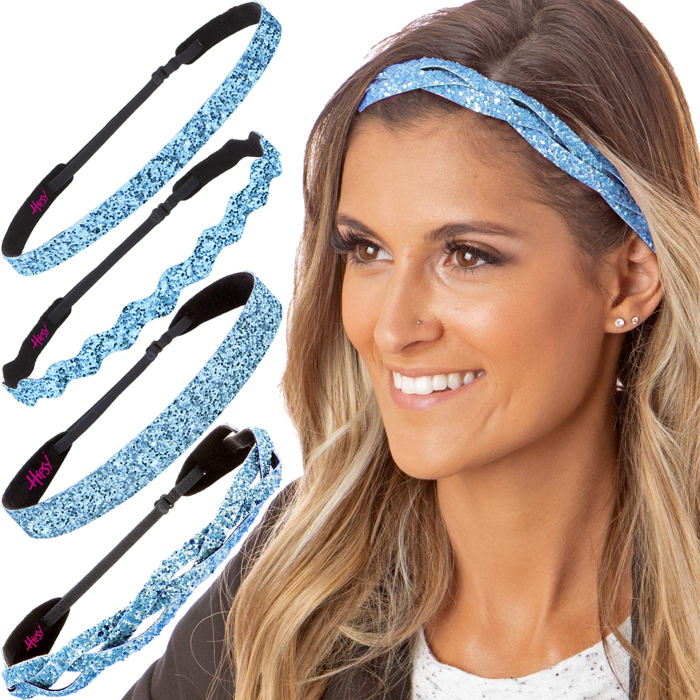 Stylish Plus Size Adjustable No-Slip Sparkly Bling Headbands 4-Pack for Women, Girls & Teens - Glitter Mixed Light Blue - Perfect for Workouts, Yoga, Sports & Everyday Fashion