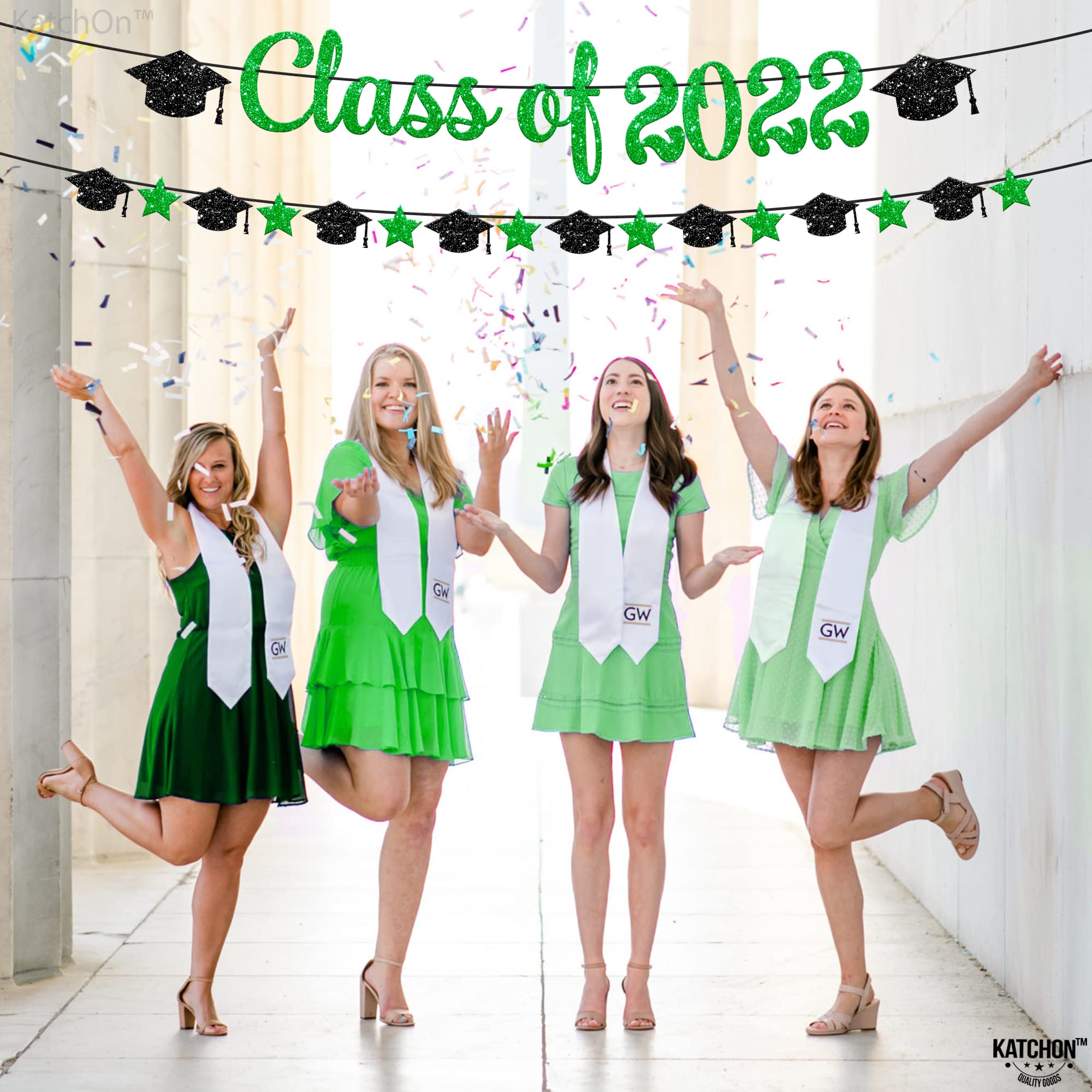 Class of 2022 Graduation Banner - 10ft Green Glitter Banner with Cap Garland | No DIY Graduation Party Decorations | Green & Black Graduation Decor for High School & College Graduation Ceremony | Perfect for Graduation Party Backdrop, Photo Booth & Wall Decor