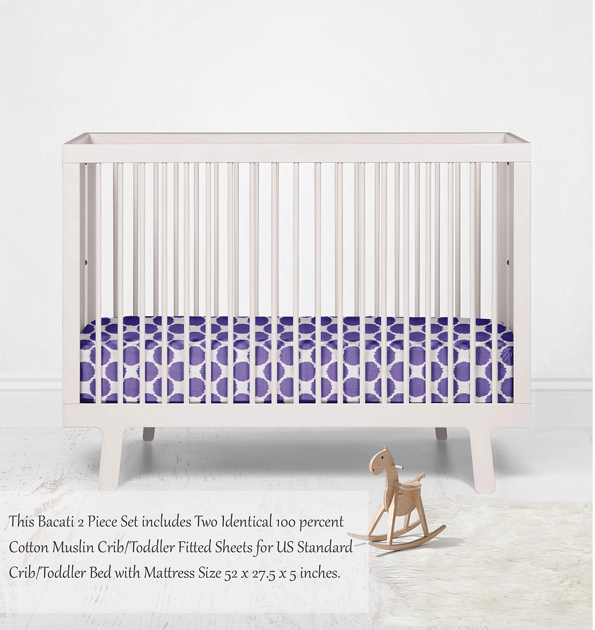 Bacati - 2 Pack 100% Cotton Muslin Crib Sheets for Girls, Ultra Soft & Breathable, Fits Standard 28x52x5 Crib & Toddler Mattress (Ikat Dots Purple) - Perfect for Nursery, Daycare & Travel