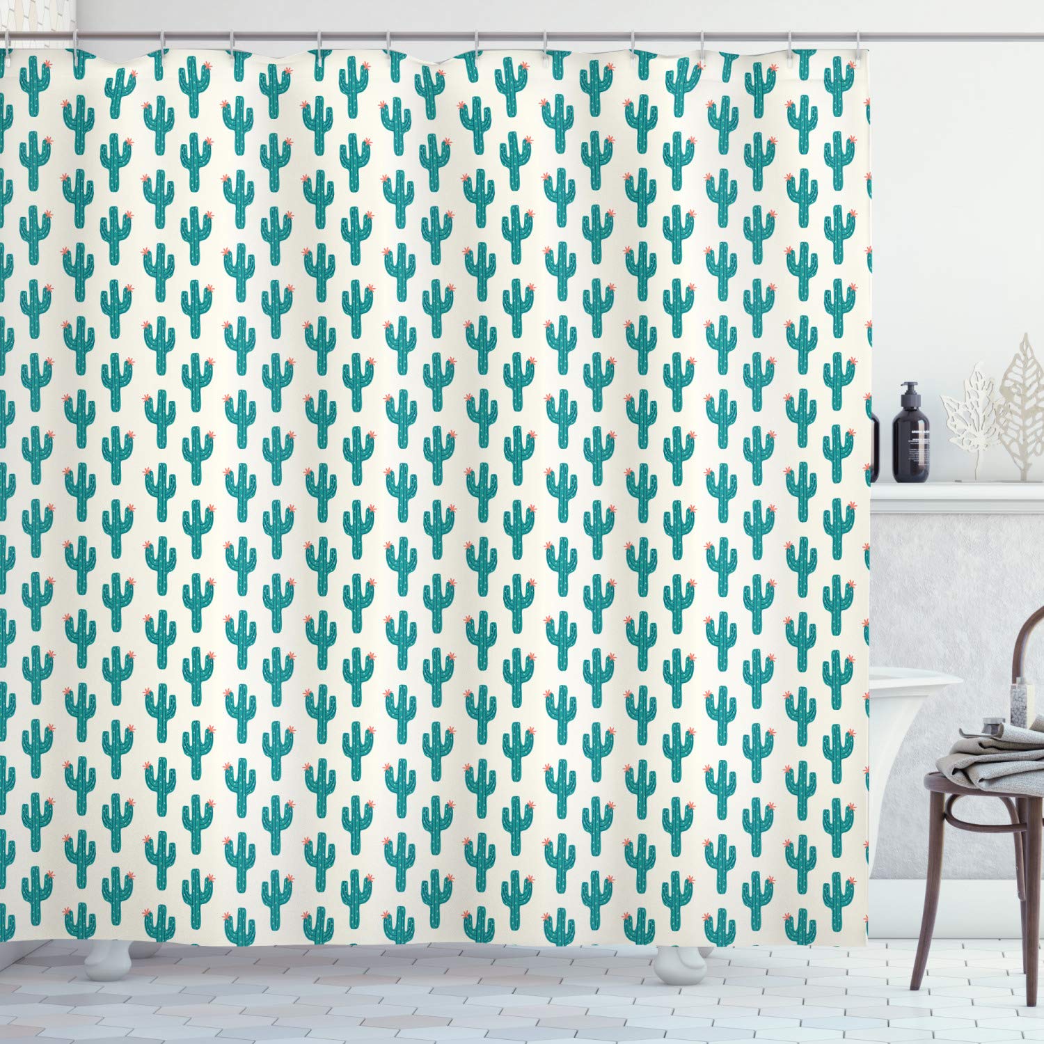 Ambesonne Cactus Print Shower Curtain - Waterproof Fabric Bathroom Decor with Hooks, 69x84 Inches, Teal & Ivory - Cacti Silhouette Floral Doodle Art - Perfect for Boho, Farmhouse & Modern Bathrooms