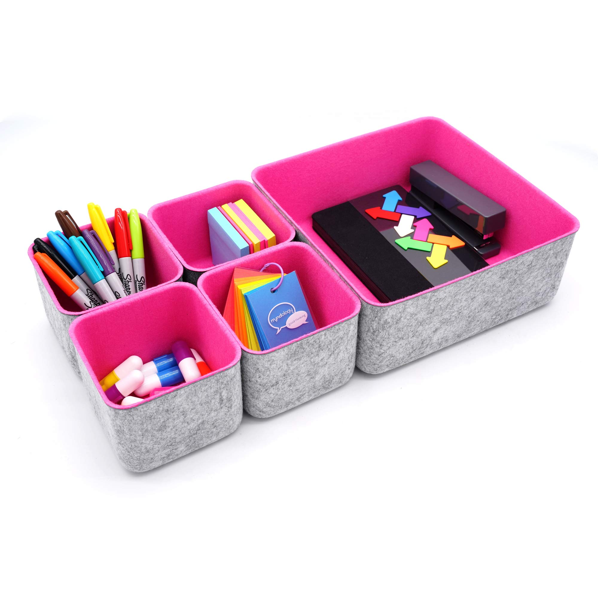 Welaxy 5-Pack Desk Organizer Storage Bins Set - Office Drawer Organizers for Home, Closet, Cabinet | Makeup & Cosmetic Storage | Socks & Soft Items Organizer Boxes (Hot Pink) - Perfect for Bedroom, Bathroom & Office Organization