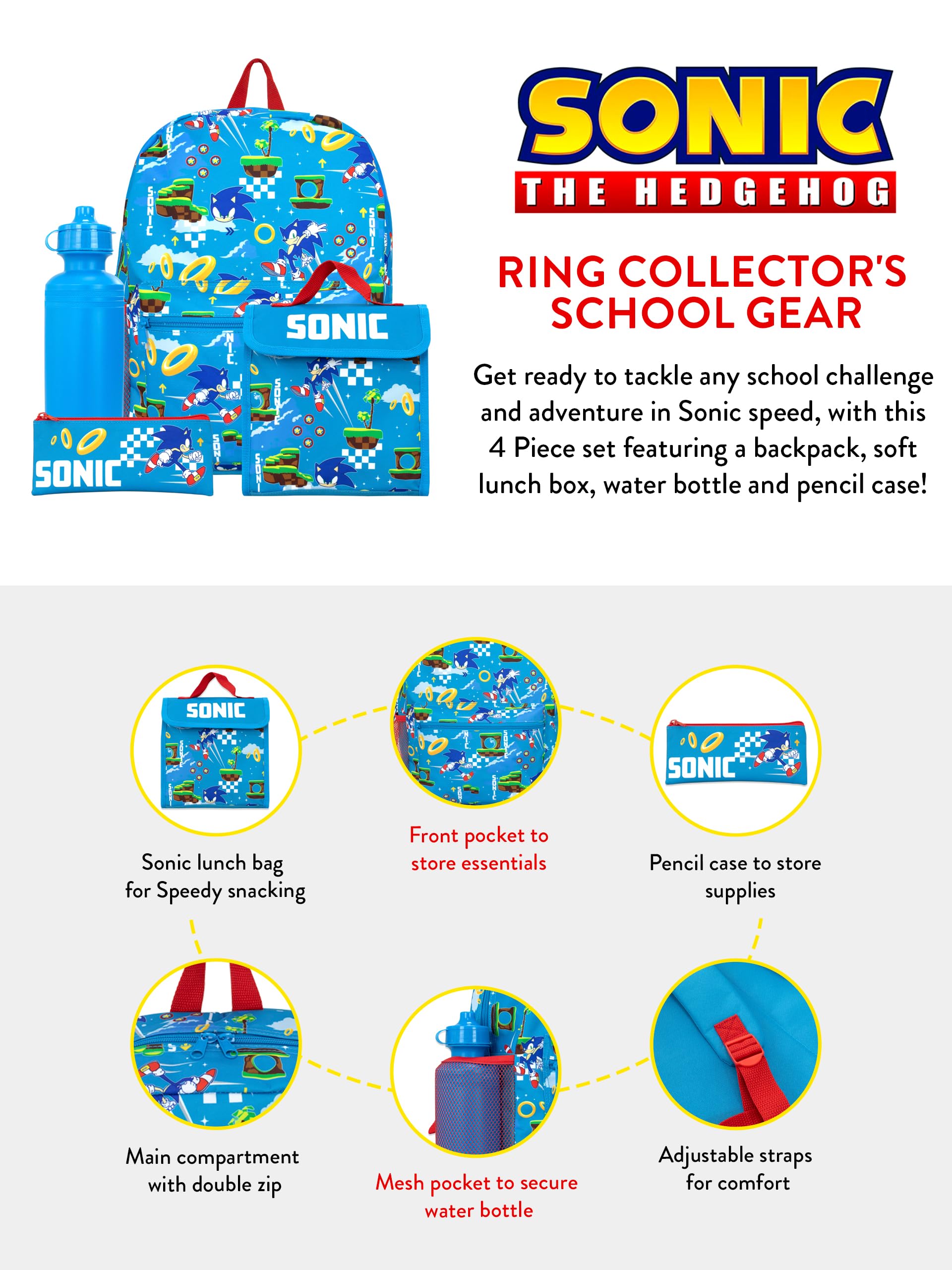 Sonic The Hedgehog Backpack Set for Kids - Blue School Backpack with Matching Lunch Bag, Pencil Case & Water Bottle | Perfect for School, Travel & Daily Use