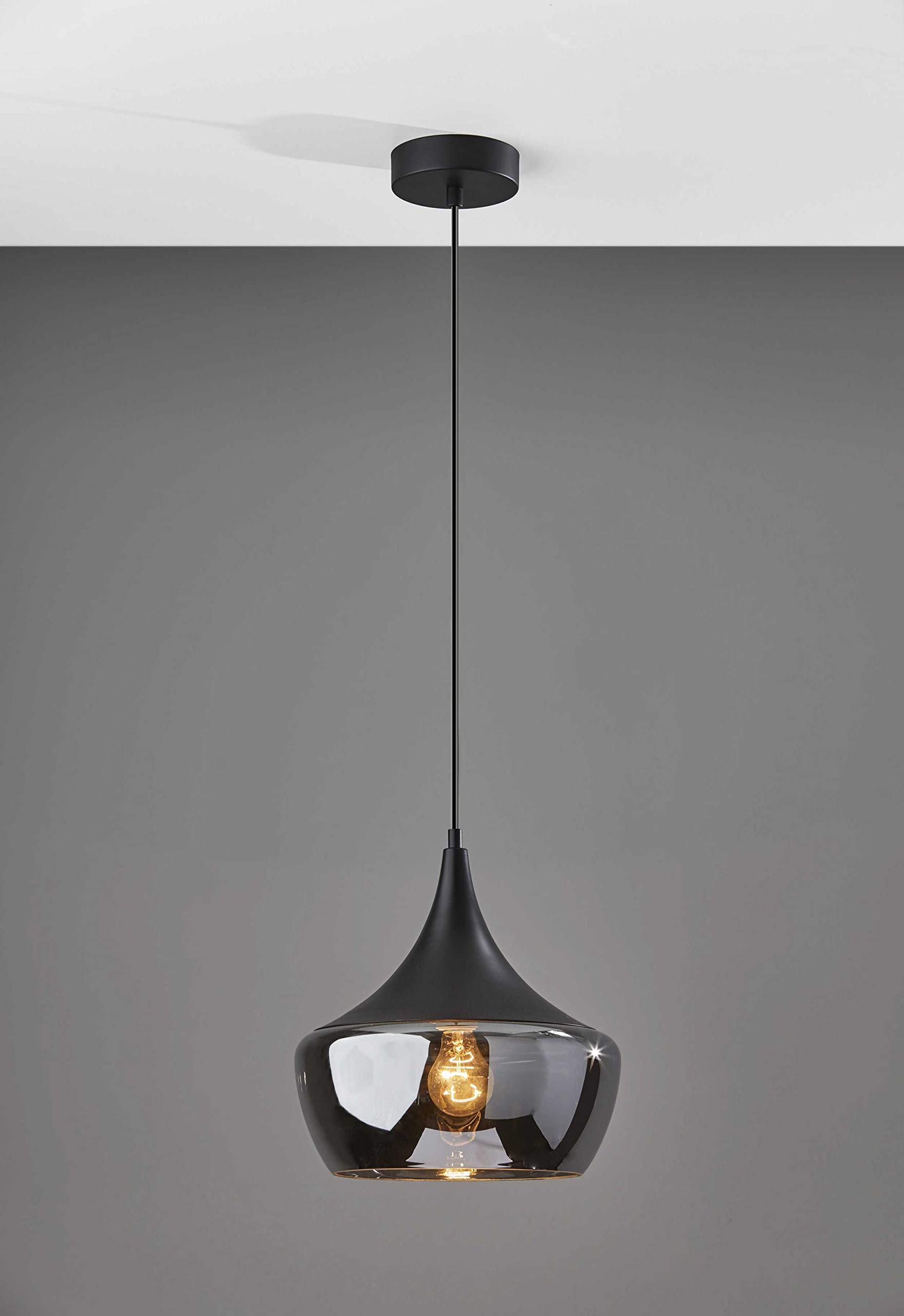 HomeRoots Metal and Glass Gnome Smoked Glass Black Metal Pendant Lamp - Modern Farmhouse Lighting for Kitchen Island, Dining Room, or Entryway