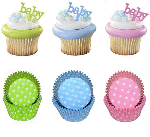 Baby Shower Gender Reveal Party Cupcake Liners & Toppers Set - 60 Count for Pink, Blue & Green Cupcakes - Perfect for Gender Reveal Parties & Baby Showers