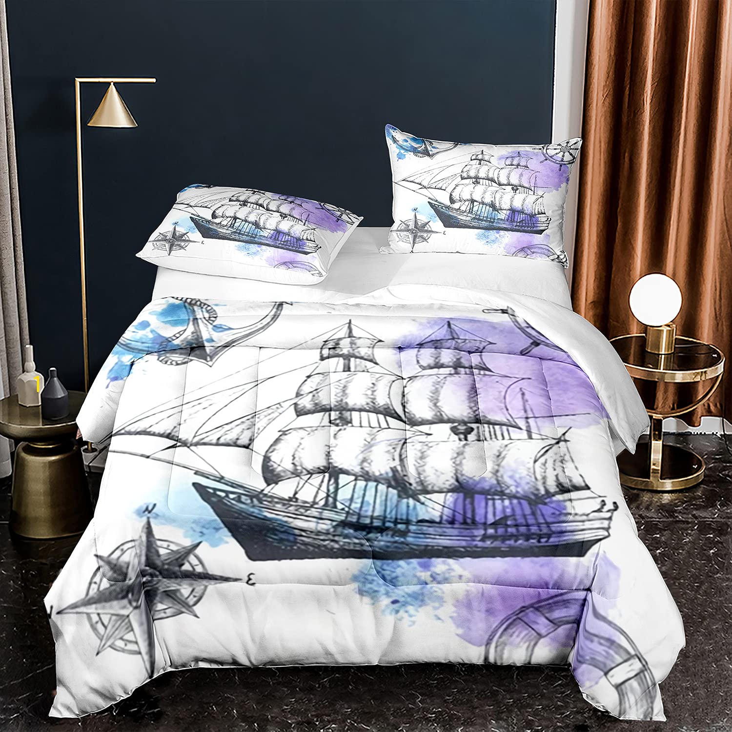 **Nautical Pirate Ship King Size 3-Piece Comforter Set with Anchor, Helm, Rudder & Compass Design - 1 Comforter + 2 Pillow Shams - Perfect for Pirate-Themed Bedrooms & Adventure Lovers**