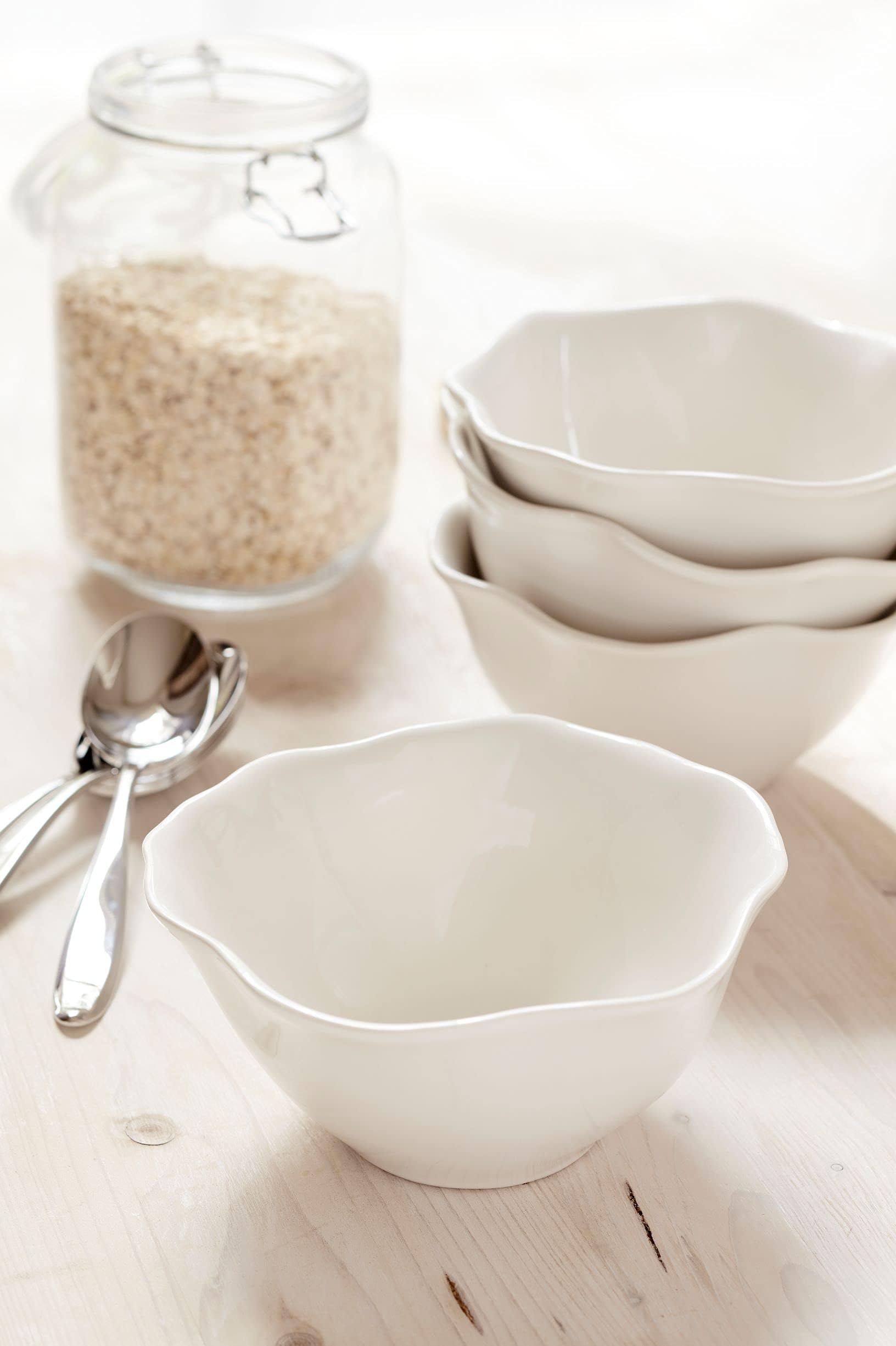Sophie Conran Floret Stoneware 7-Inch All-Purpose Bowls Set of 4 - Microwave & Dishwasher Safe Creamy White Serving Bowls for Cereal, Soup, Salad | Perfect for Kitchen, Dining Room & Entertaining