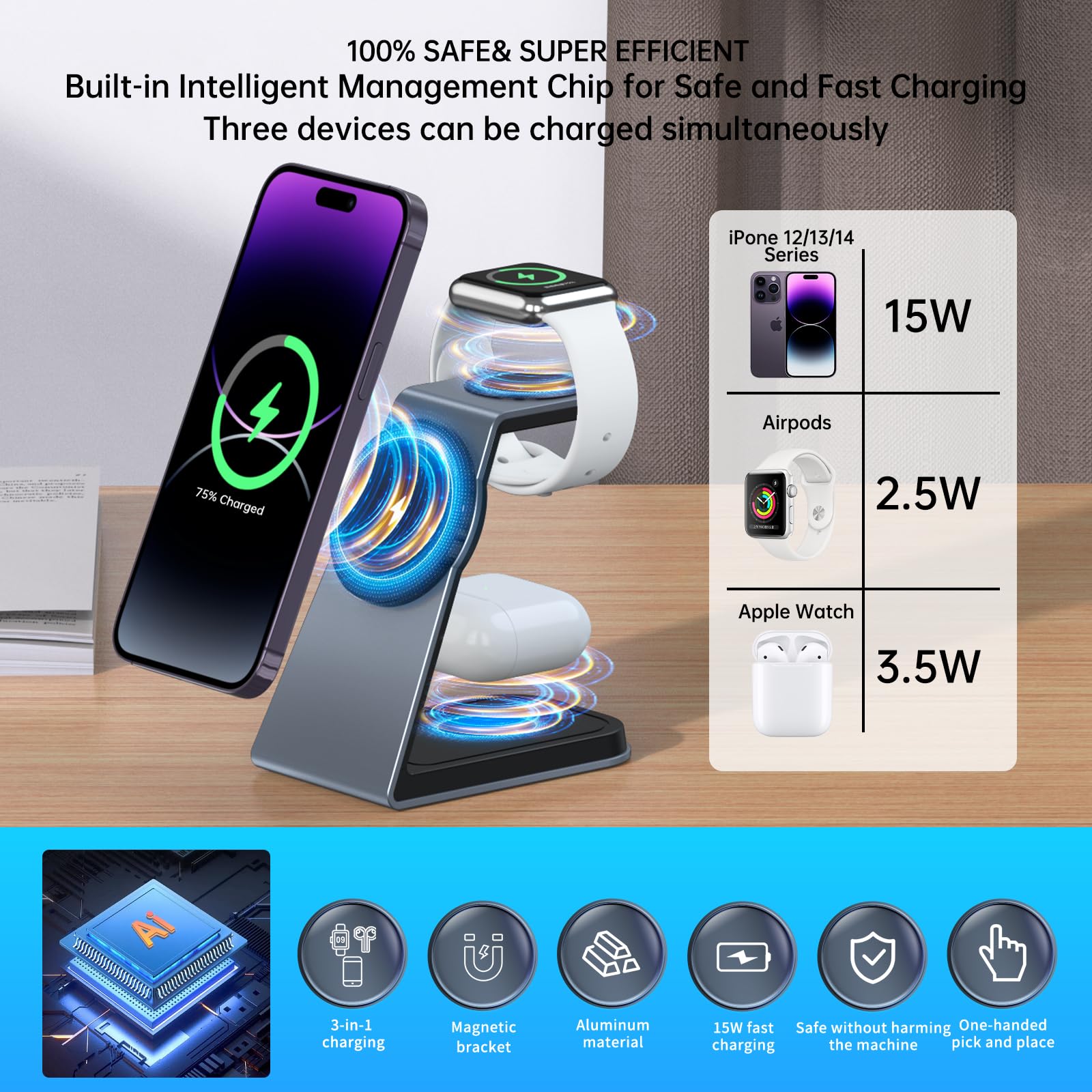 3-in-1 Magnetic Wireless Charging Station for iPhone 15/14/13/12, Apple Watch S2-S9 & AirPods 3/2/Pro - Fast Qi-Certified Charger with Strong Magnets (Space Gray) | Perfect for Bedside, Office Desk & Travel Charging