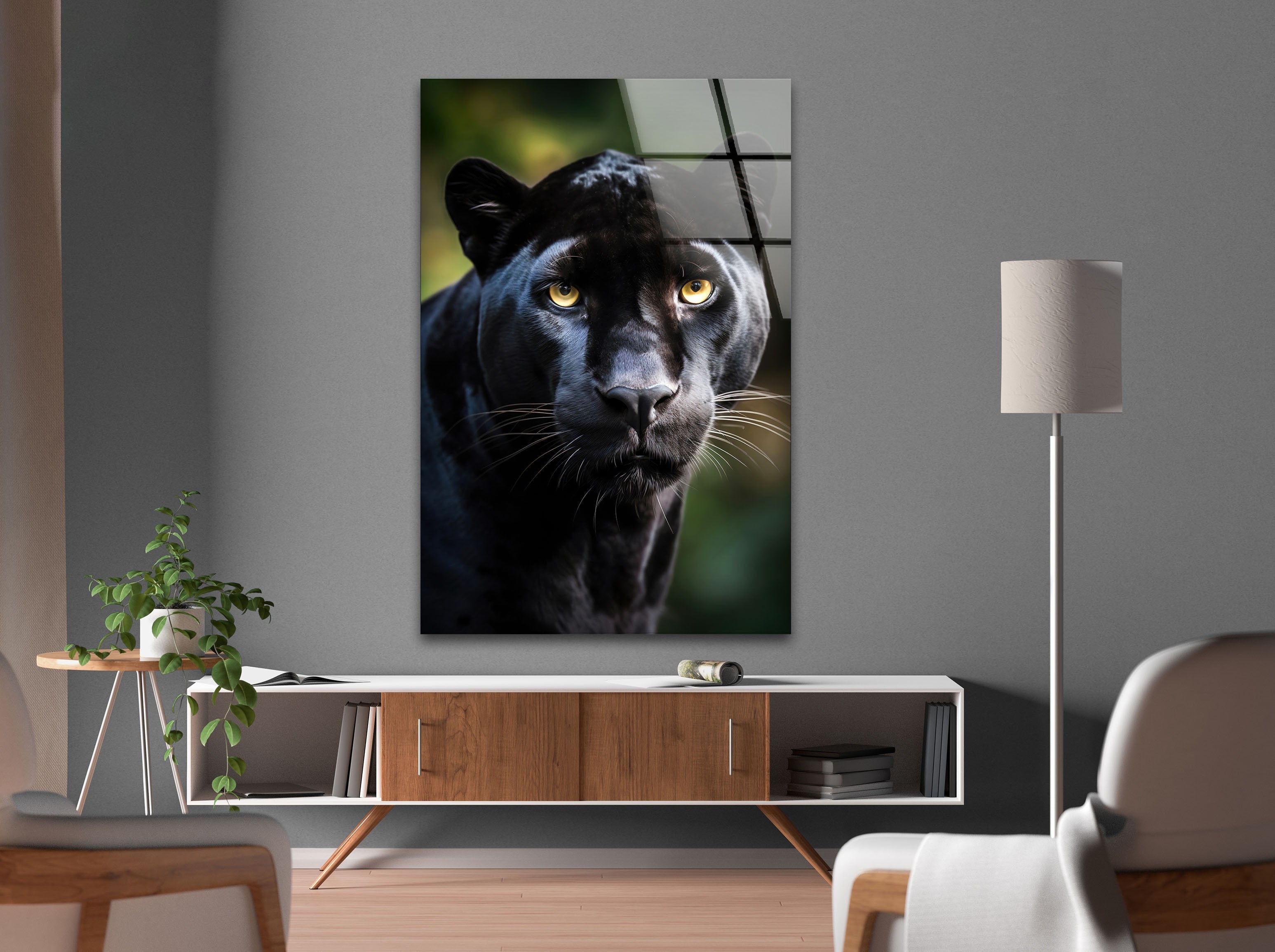 Black Puma Portrait Glass Wall Art - Elegant Animal Decor for Living Room, Bedroom & Office - Perfect Modern Home Decor Gift for Wildlife Lovers