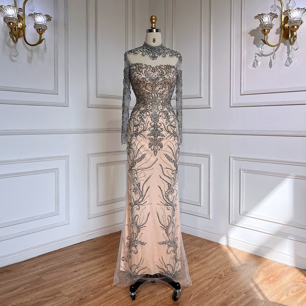 Elegant Grey Nude Mermaid Evening Dress with Lace & Beading - Luxury Women's Gown for Arabic Parties, Prom, Red Carpet & Special Occasions 2025