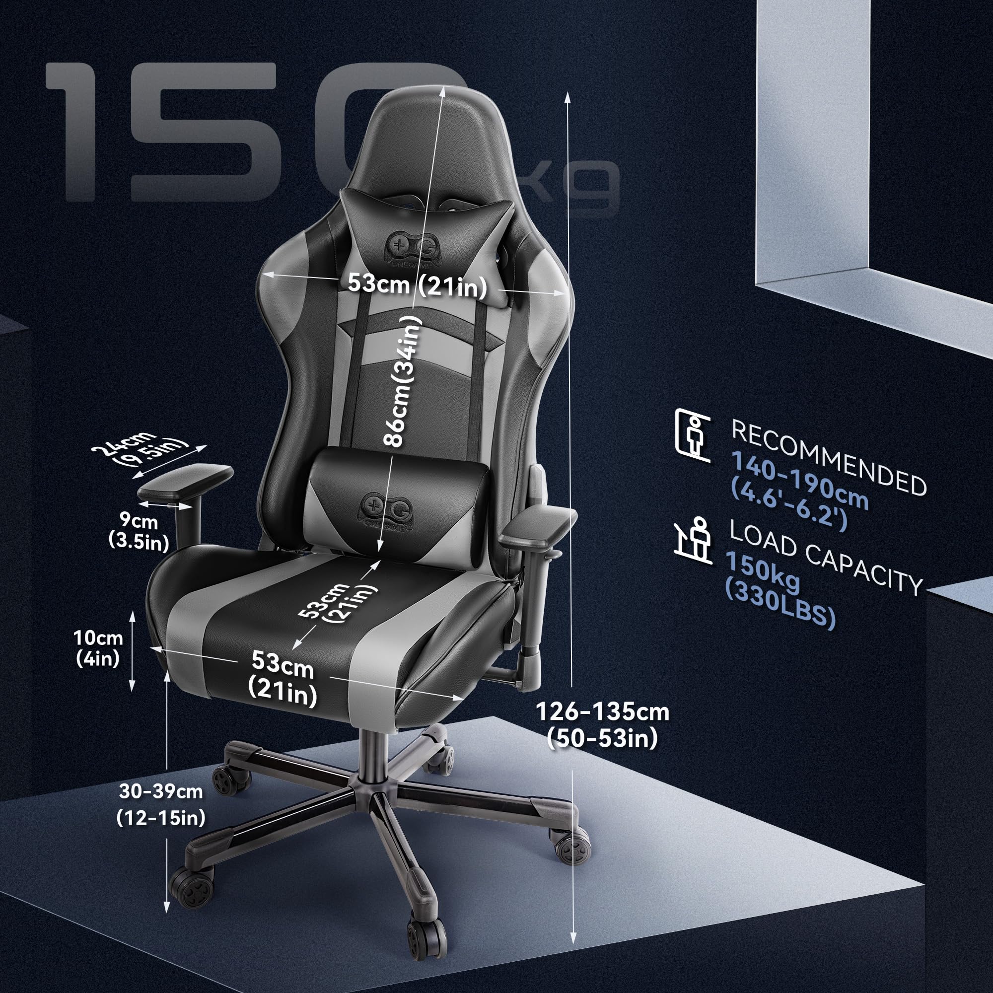 OneGame Black Gaming Chair for Adults - Ergonomic Computer Chair with Adjustable Height, Headrest & Lumbar Support - Racing Style Gamer Chair in Black/Gray - Perfect for PC Gaming, Office Work & Home Entertainment