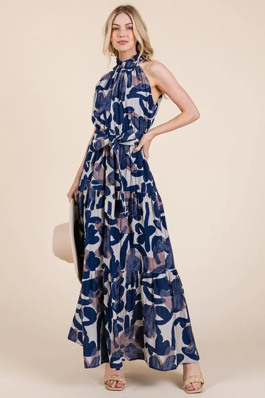 Elegant Halter Neck Tie Waist Tiered Maxi Dress for Women | Summer Beach Vacation Resort Wear | Perfect for Pool Parties, Tropical Getaways and Evening Dinners