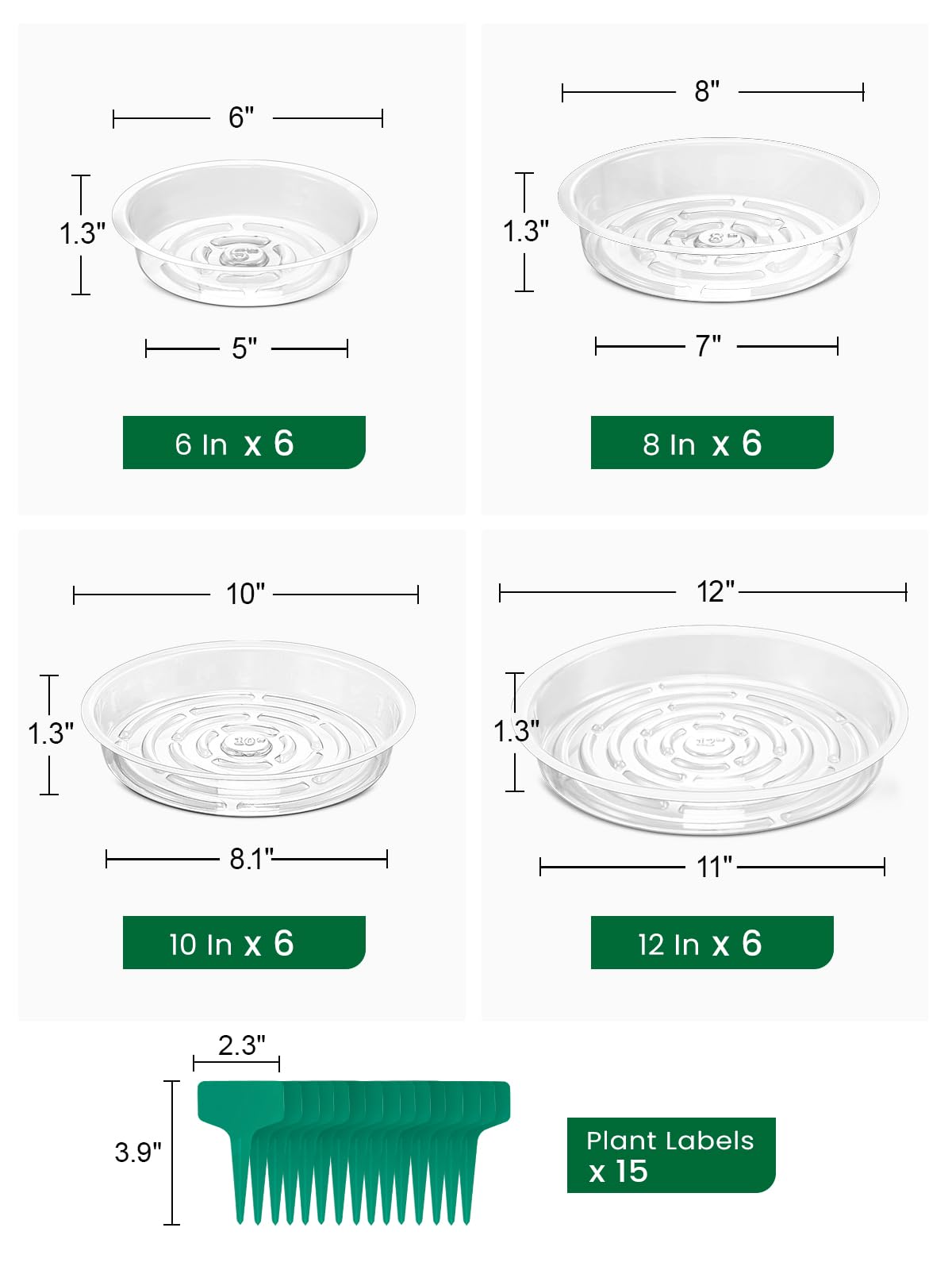 GROWNEER 24 Pack Clear Plastic Plant Saucers & Drip Trays - 6, 8, 10, 12 Inch Flower Pot Trays with 15 Plant Labels for Indoor/Outdoor Plants, Garden, Potted Flowers (4 Sizes, 6pcs Each) - Perfect for Drainage Protection on Decks, Patios & Windowsills