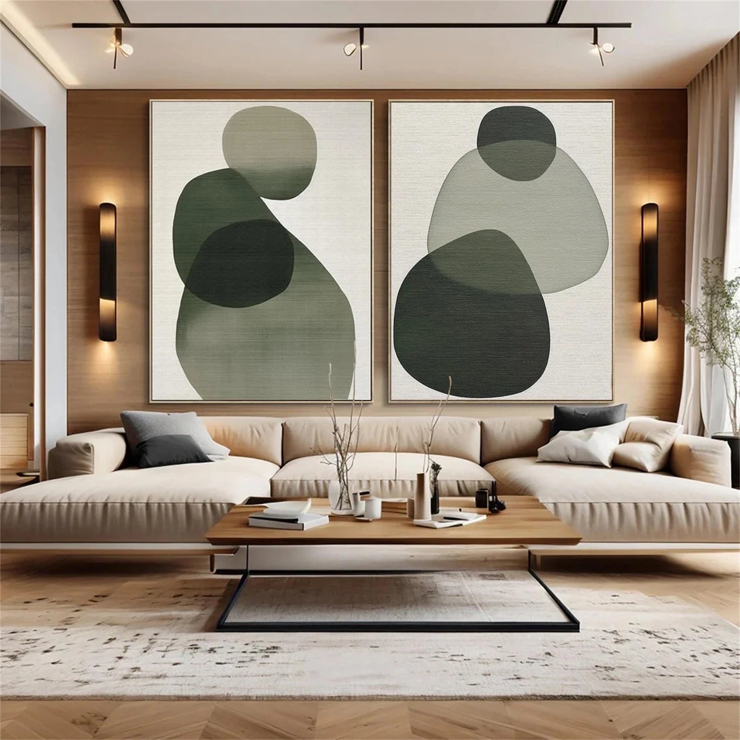 Abstract Wall Art Set of 2 - Blue & Green Modern Canvas Paintings for Living Room, Bedroom & Office Decor #BG088