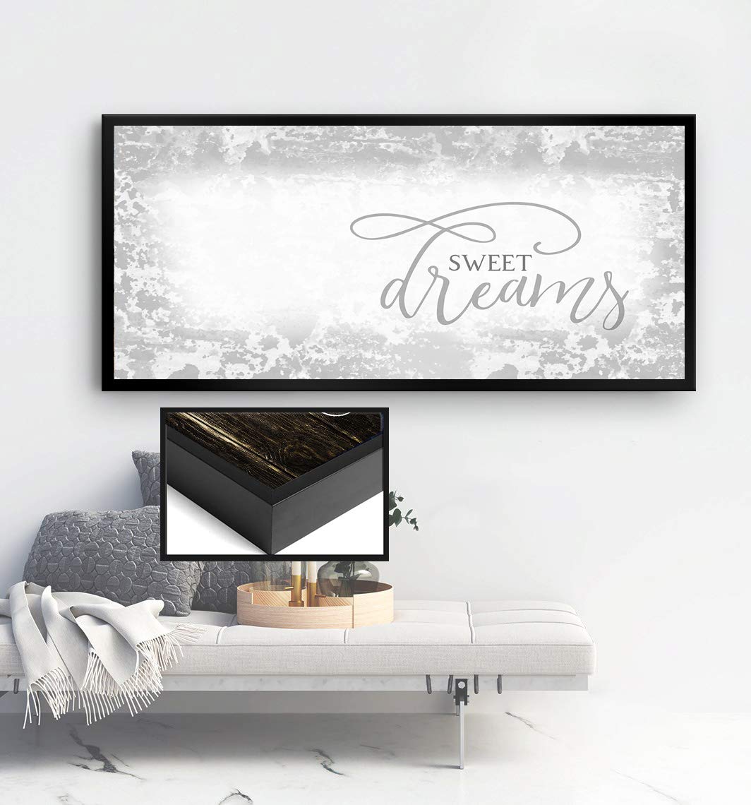 Sweet Dreams Wall Art Decor - Large Framed Canvas for Master Bedroom, Above Bed Sign (Grey & Black Floating Frame 42x19) - Perfect for Home Decor, Housewarming Gifts & Cozy Bedroom Aesthetics