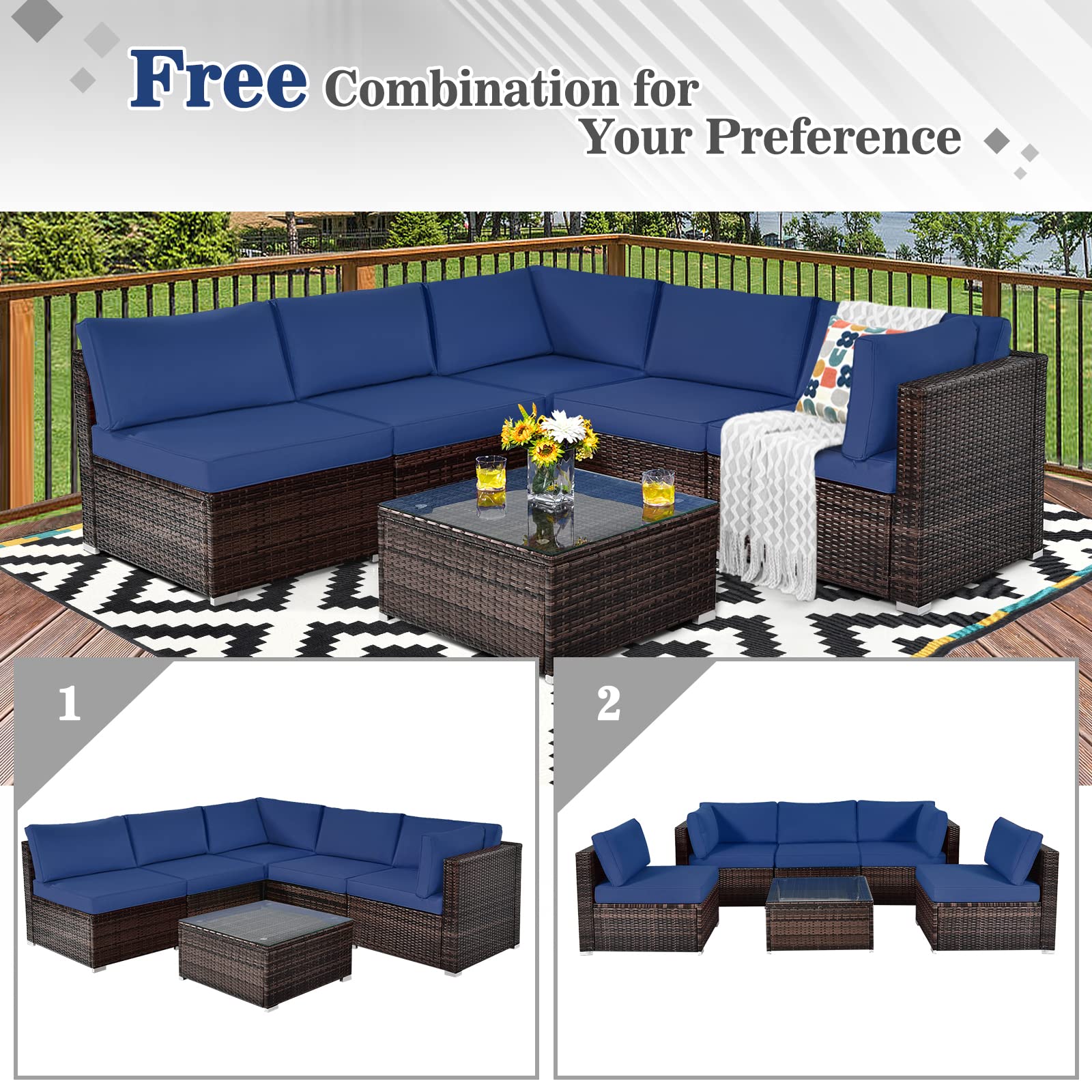 Tangkula 6-Piece Outdoor Patio Furniture Set - All-Weather Wicker Sofa Sectional with Cushions & Glass Coffee Table - Rattan Garden Conversation Set for Backyard, Poolside & Deck (Beige)