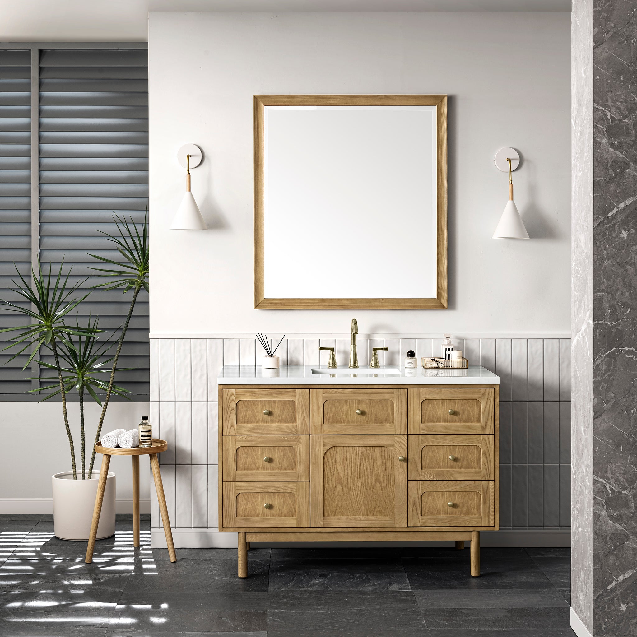 Laurent 48 Inch Single Bathroom Vanity with Light Natural Oak Finish and 3CM Arctic Fall Countertop - Perfect for Modern Home Bathroom Renovation and Spa-Style Decor