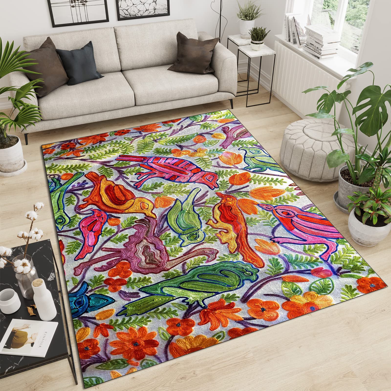 Vibrant Multicolor Bird & Flower Design Modern Abstract Area Rug - Soft & Durable 5x7ft Living Room Rug, Bedroom Carpet for Dining Room - Perfect for Boho Chic Home Decor & Cozy Spaces
