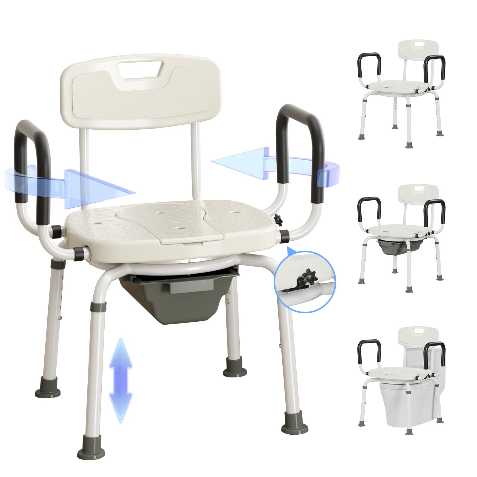 4 in 1 Adjustable Height Bedside Commode Chair for Seniors & Adults - Portable Toilet with Arms, Removable Bucket & Swivel Shower Seat - Ideal for Elderly Care, Post-Surgery Recovery & Bathroom Safety