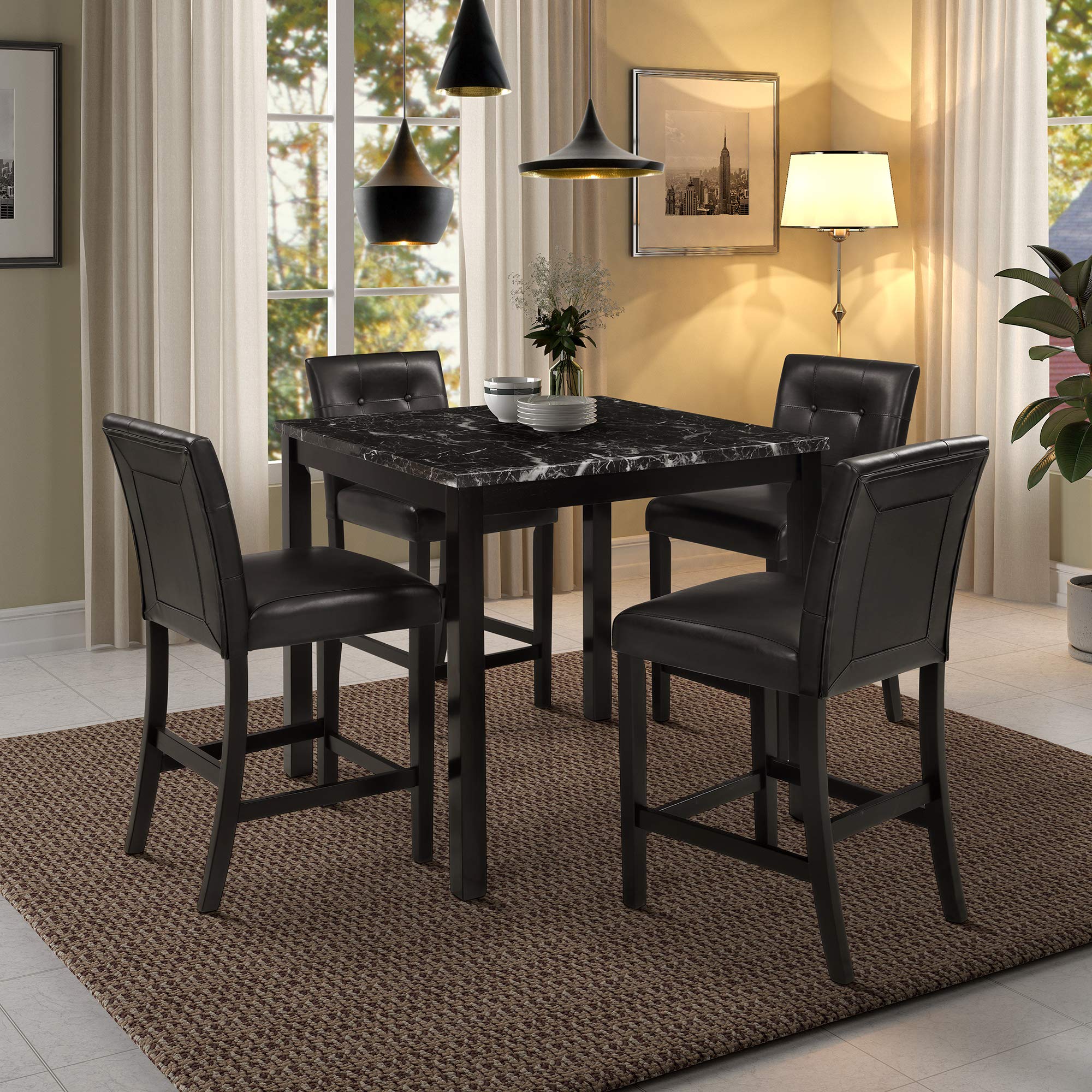 5-Piece Dining Table Set with Elegant Faux Marble Tabletop & 4 PU Leather Upholstered Chairs - Perfect for Kitchen, Breakfast Nook, Bar, Living Room & Small Space Dining | Modern Home Decor & Entertaining