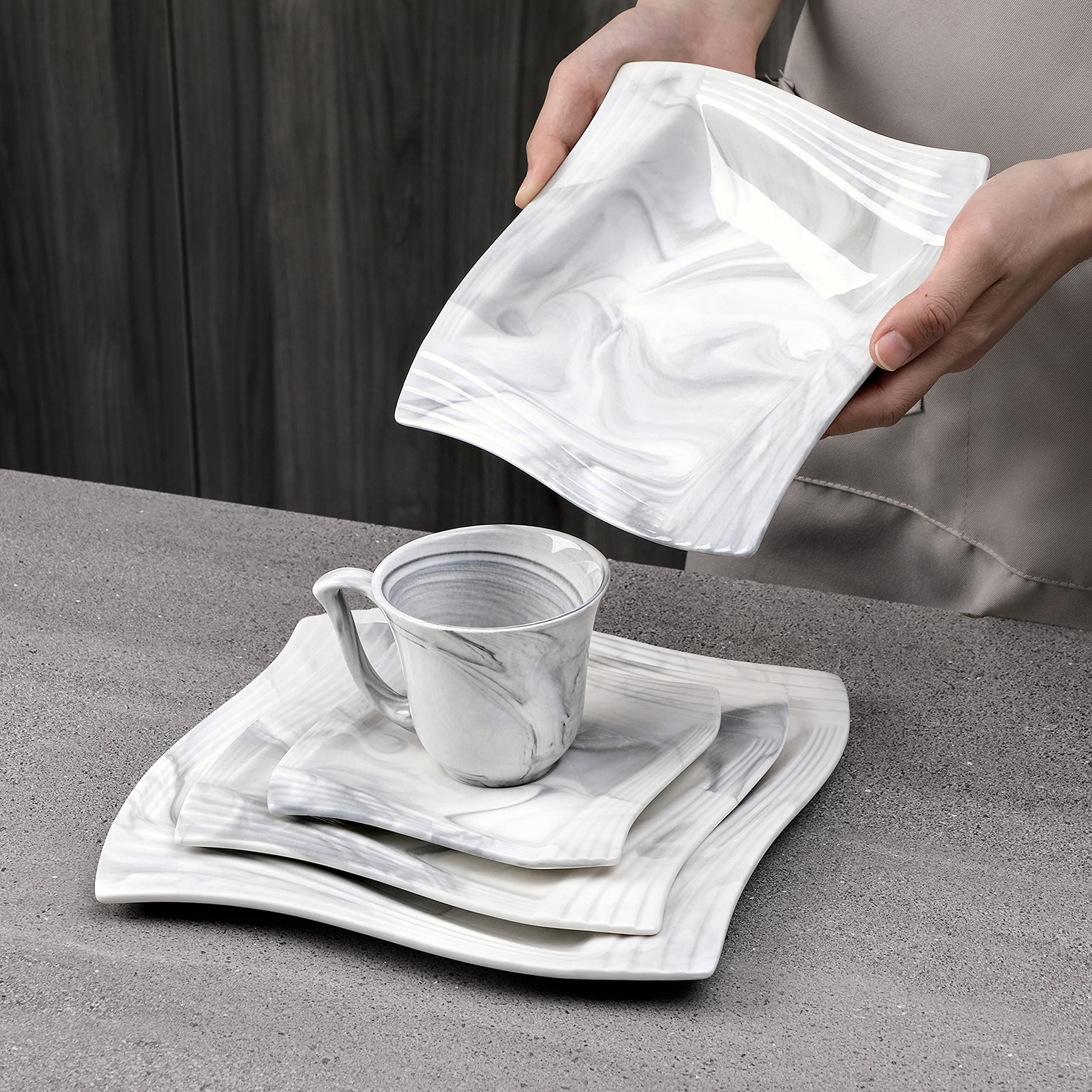 MALACASA 30-Piece Marble Gray Porcelain Dinnerware Set - Plates, Bowls, Cups & Saucers for 6 - Elegant Serving Dishes for Dining, Entertaining & Special Occasions - Amparo Series