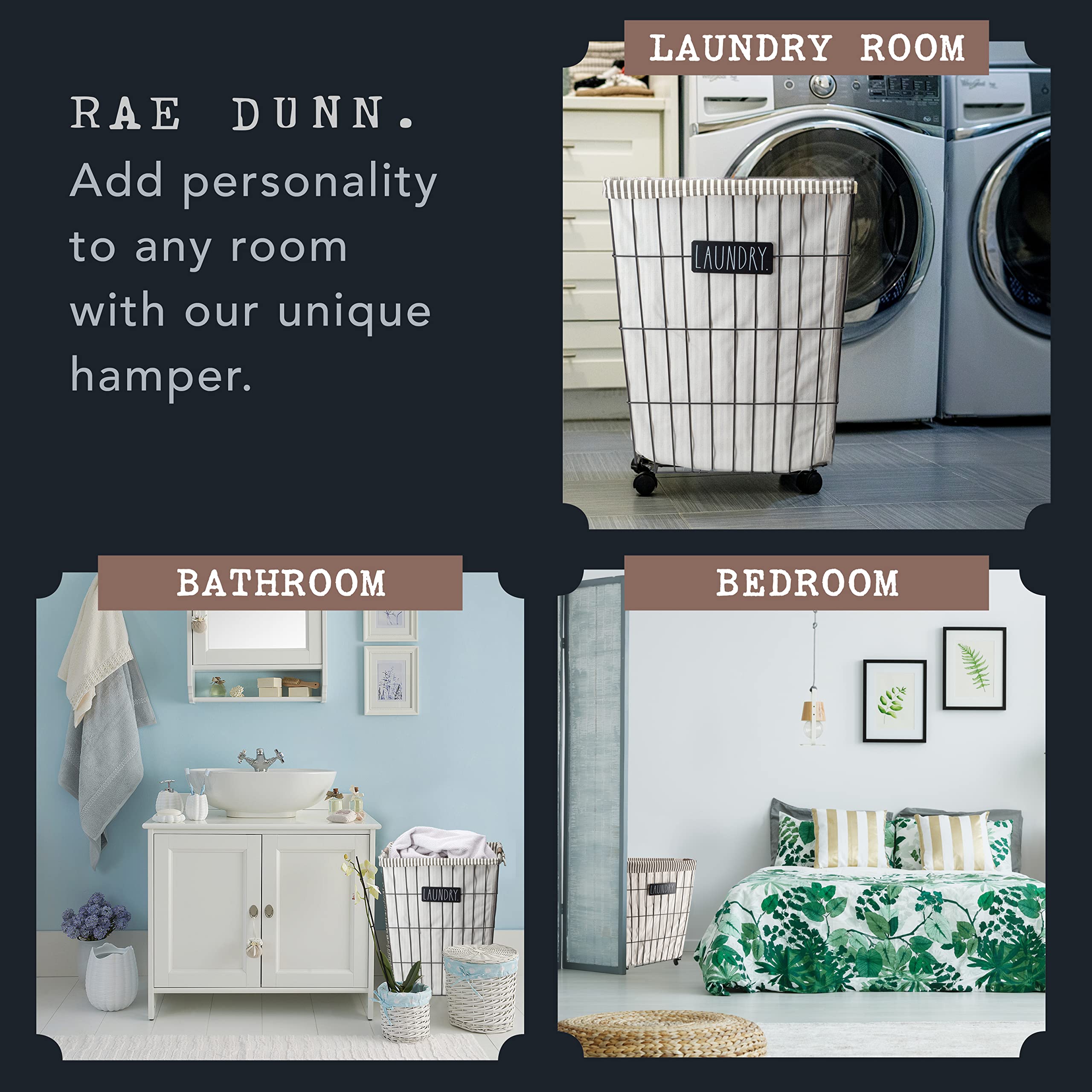 Rae Dunn Heavy Duty Rolling Laundry Hamper - Black Metal Wire Basket with Washable Cloth Liner - Portable Laundry Basket for Bedroom, Dorm, Apartment - Laundry Room Organization Essentials