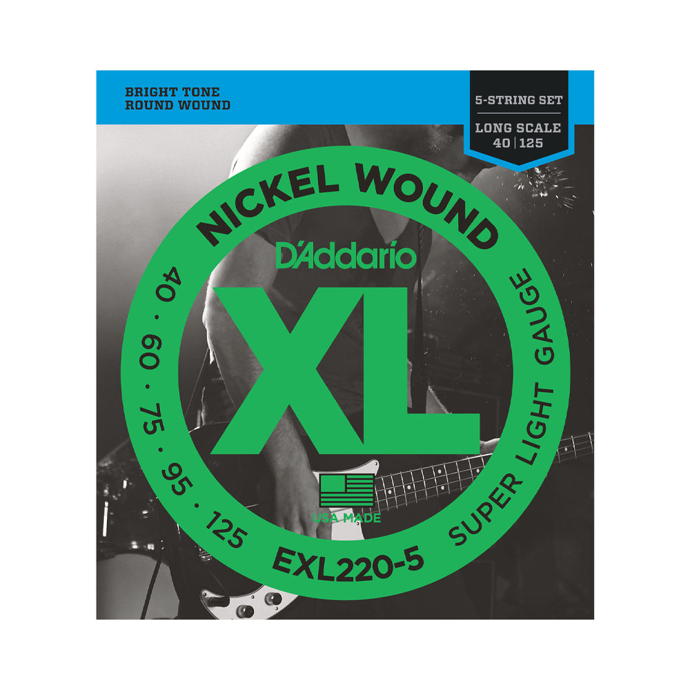 D'Addario EXL220 5 Super Light XL Nickel Wound Electric Bass Strings - Long Scale for Rock, Jazz & Studio Recording - Perfect for Fender, Gibson & Ibanez Basses