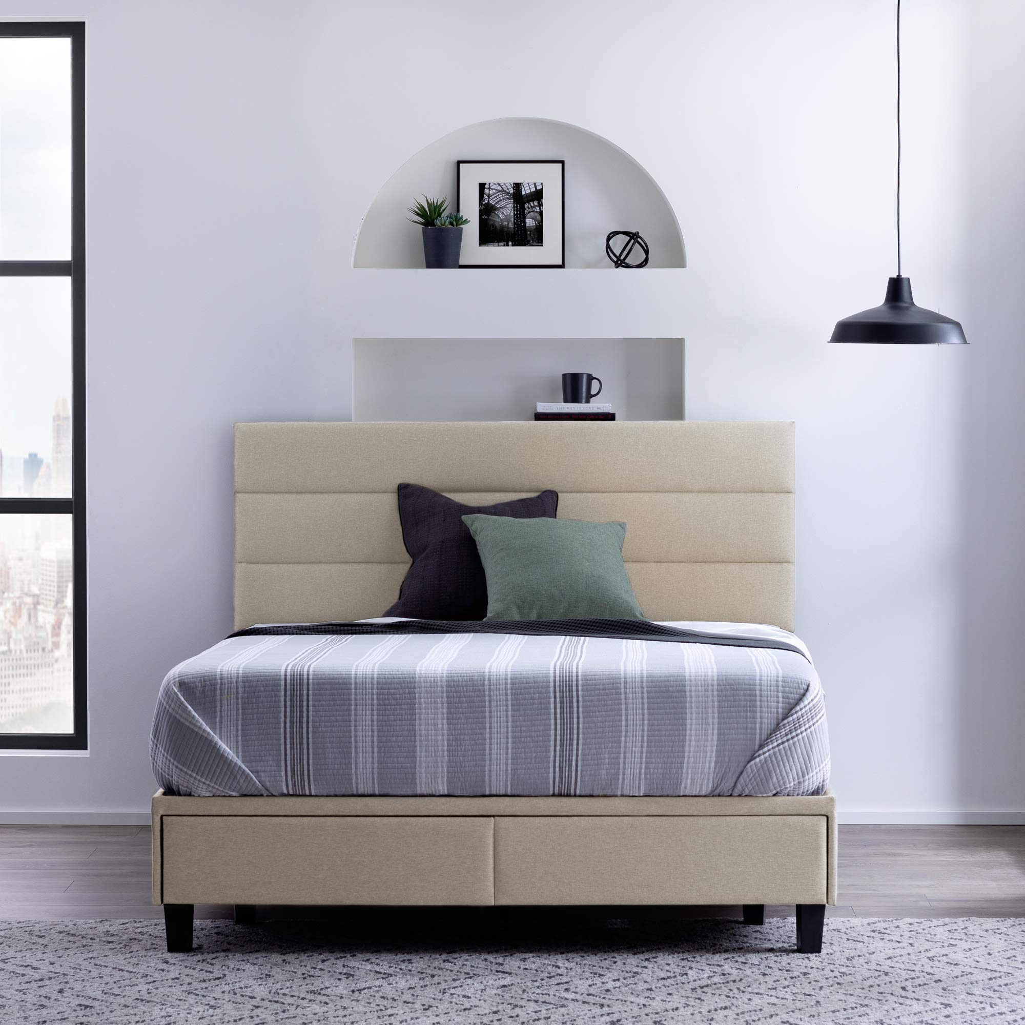 Edenbrook Johnson Upholstered Bed with Built-in Drawers - Modern Channel Tufted Headboard, Easy Assembly California King Size in Wheat Color | Perfect for Master Bedroom, Guest Room & Modern Home Decor