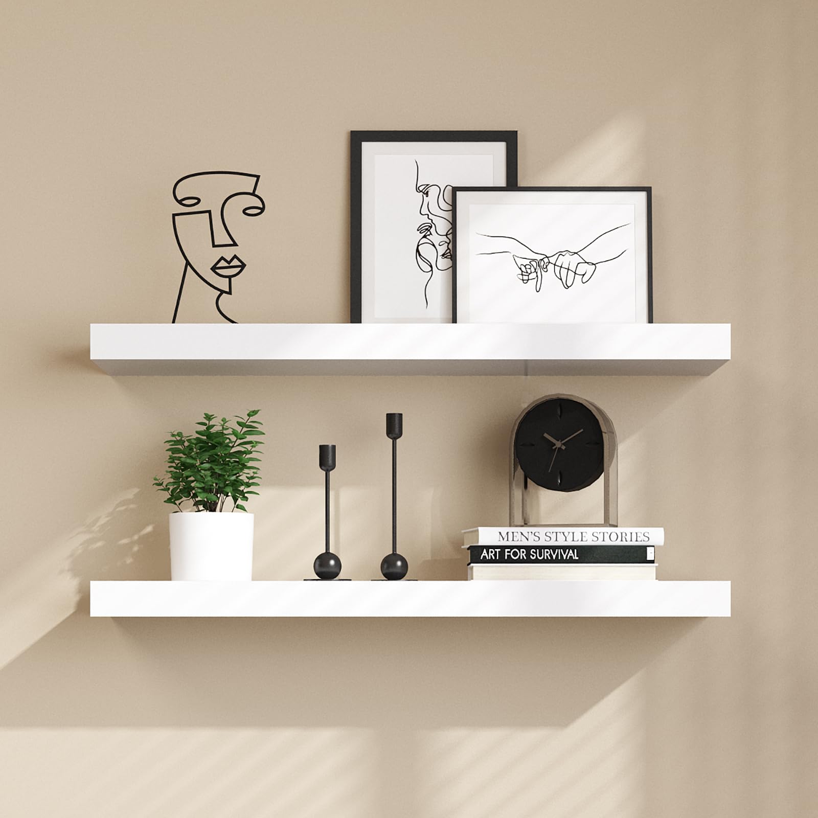 RANK Floating Shelves 2 Pack - Modern Wall Mounted Display Shelves for Home Decor - White Wooden Shelves (35.5