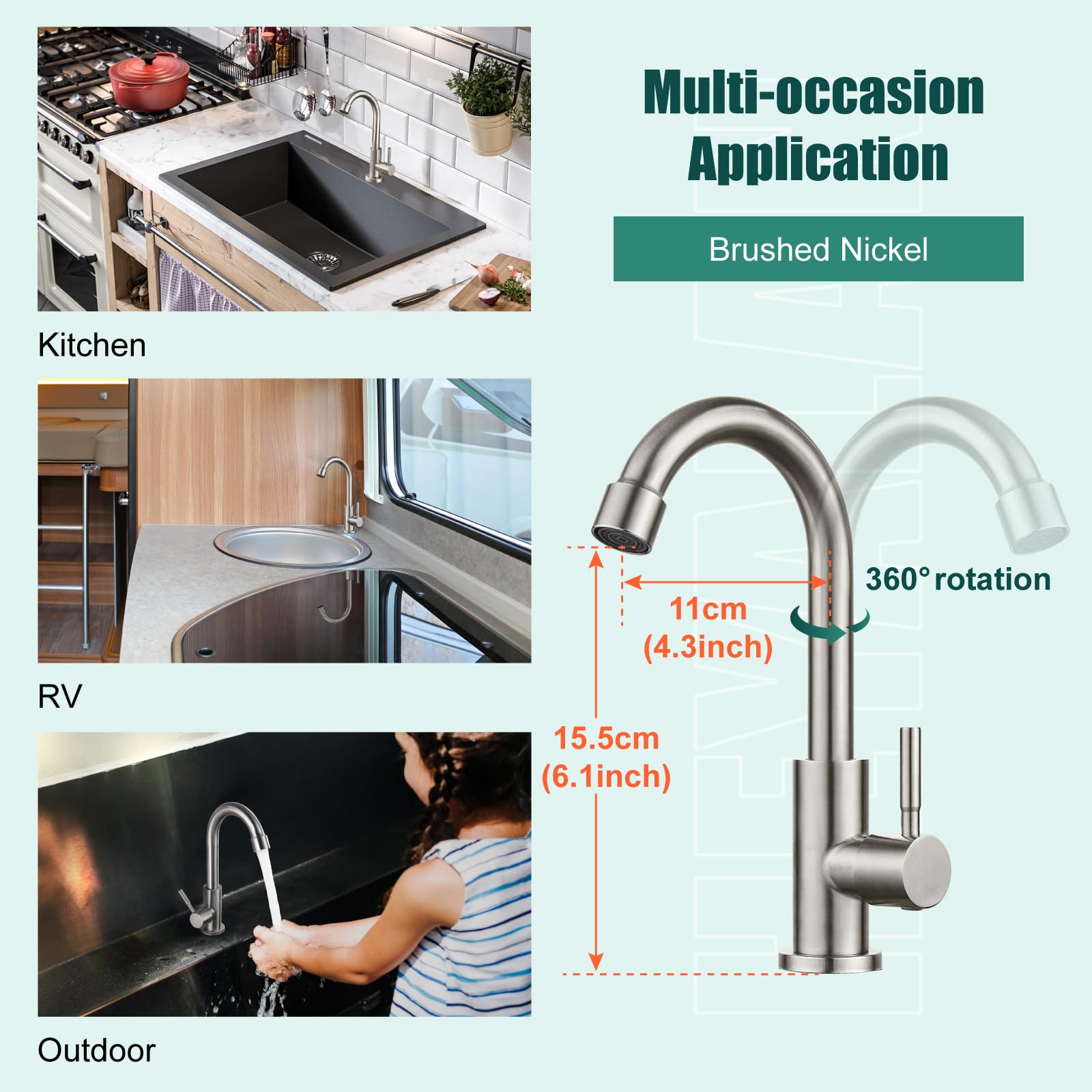 Stainless Steel Single Handle Kitchen Faucet - Brushed Nickel for Sink & Bar Use