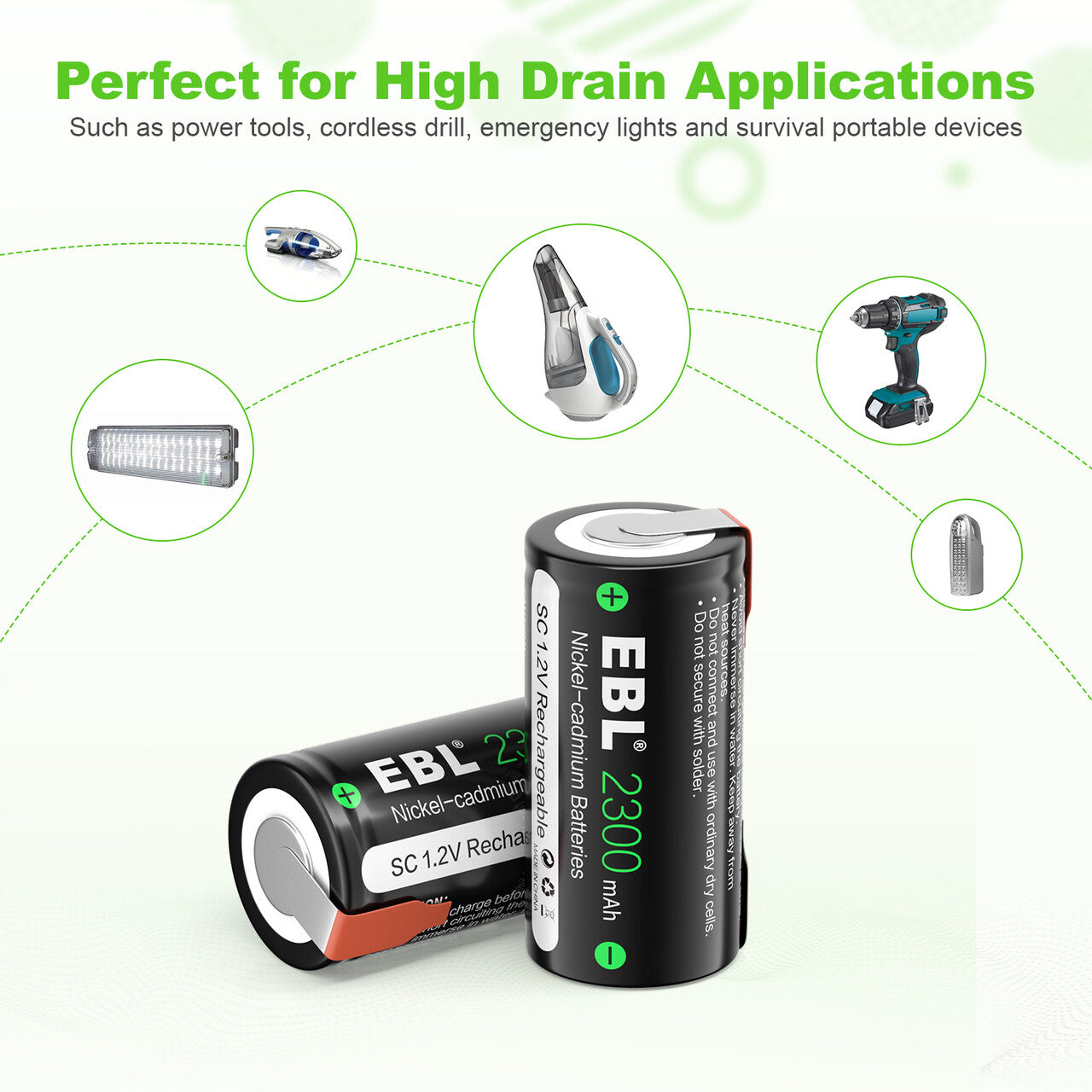 EBL Sub C NiCd Rechargeable Batteries 2300mAh - High Capacity Battery Pack for Power Tools, Emergency Lights, and Industrial Equipment - Long Lasting Performance for Heavy Duty Use