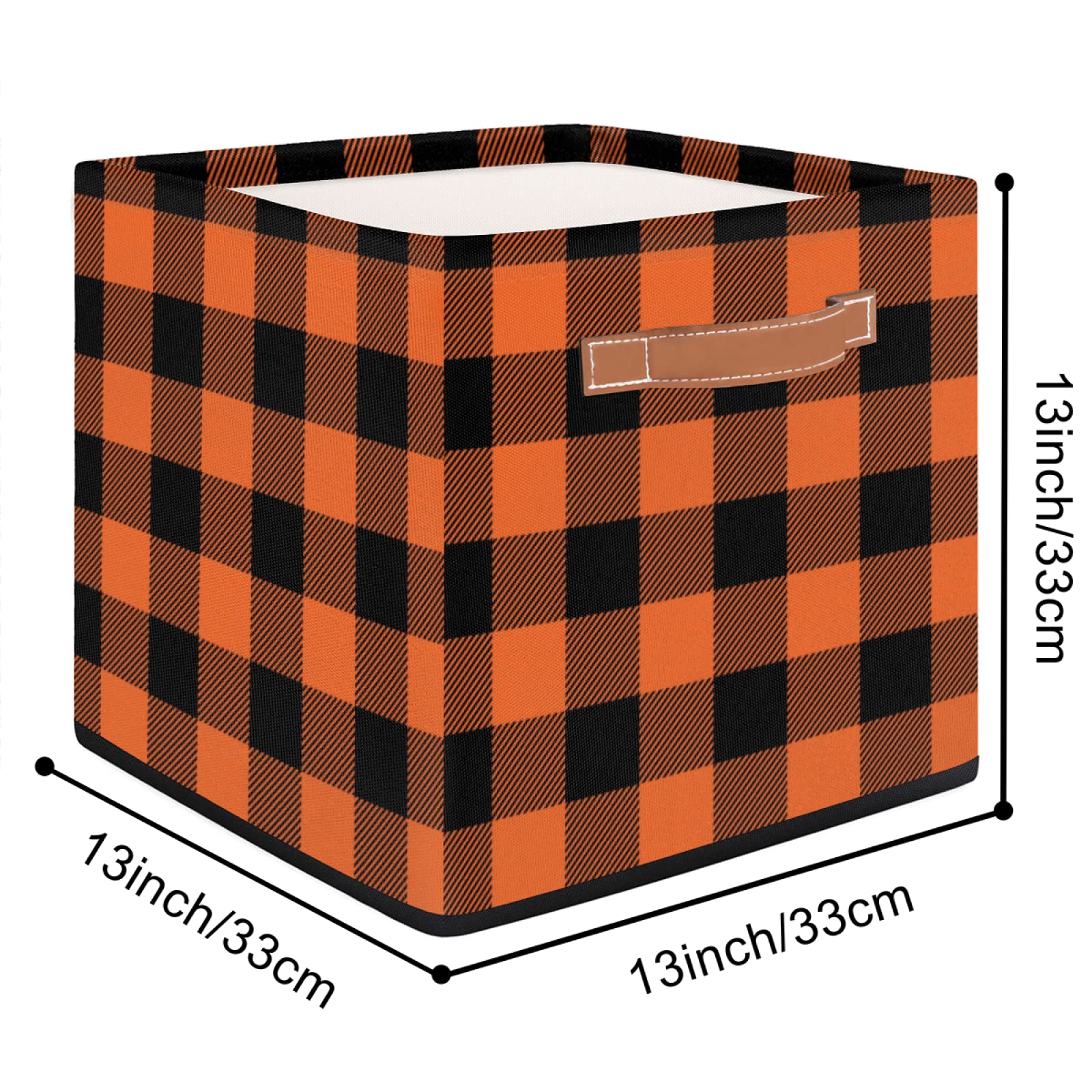 AUUXVA 13x13 Inch Large Collapsible Storage Cube Bin - Orange Black Plaid Check Fabric Basket with Handles for Home Organization | Perfect for Closet Shelves, Nursery Toys, Bedroom & Living Room Storage