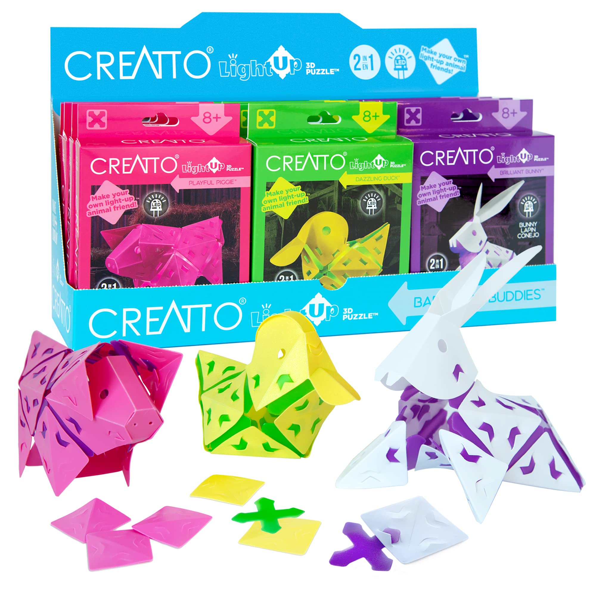 Creatto Barnyard Buddies – 3D Light-Up Puzzle Kit with LED Lights | DIY Building Toy Set for Kids (Brilliant Bunny, Dazzling Ducky, Playful Piggie) | 12-Piece Educational STEM Gift | Perfect for Birthday Parties, Easter Baskets, Christmas Stocking Stuffers & Night Light Decor