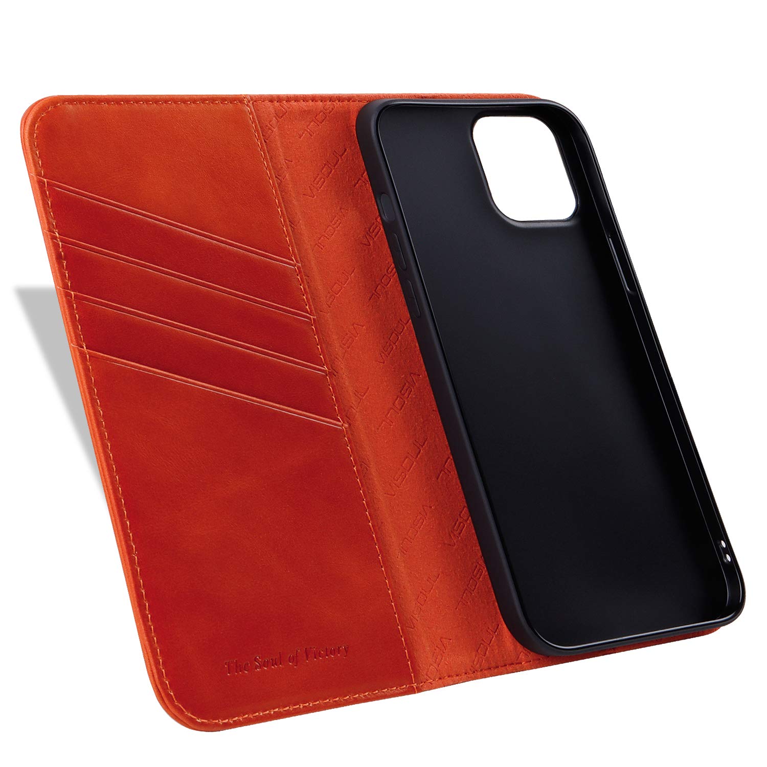 Premium Genuine Leather Magnetic Wallet Case for iPhone 13 Pro Max (6.7-inch) - Shockproof Flip Cover with Card Slots & Kickstand | Orange | Perfect for Business Travel & Daily Use