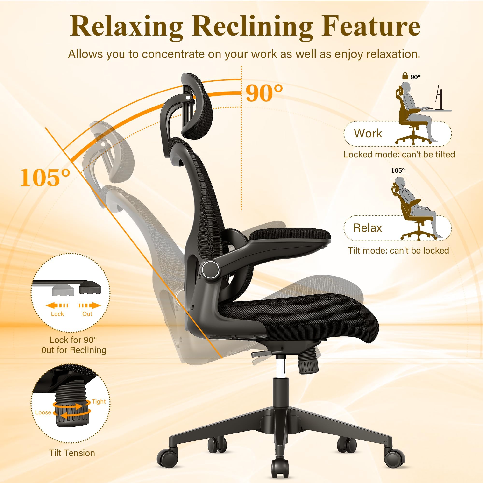 Premium Ergonomic Office Chair - High Back Mesh Computer Gaming Chair with Adjustable Lumbar Support, Flip-Up Arms & Headrest | BIFMA Certified for Home Office, Gaming & Workspaces | Tilt Function, Wide Seat Cushion & Smooth Swivel Wheels for All-Day Comfort