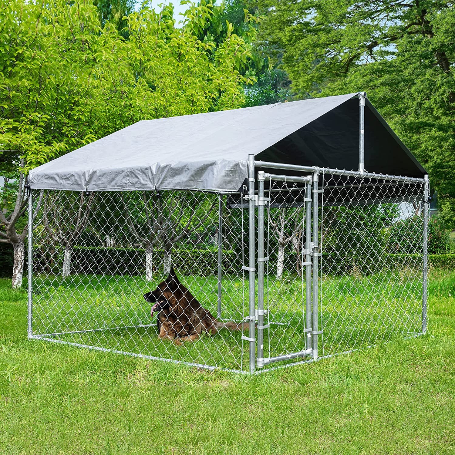HITTITE Extra Large Outdoor Dog Kennel - Galvanized Steel Rust-Proof Dog Crate with Roof, Waterproof UV-Resistant Cover & Secure Lock - Durable Chain Link Dog Run for Backyard, Garden, or Patio Use