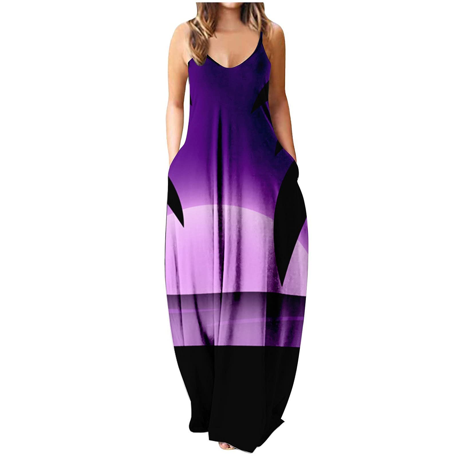 iQKA Women's Maxi Dress - Colorful Long Sleeveless V-Neck Tunic Dress with Pockets | Summer Casual Beach Dress | Perfect for Vacations, Parties & Outdoor Events