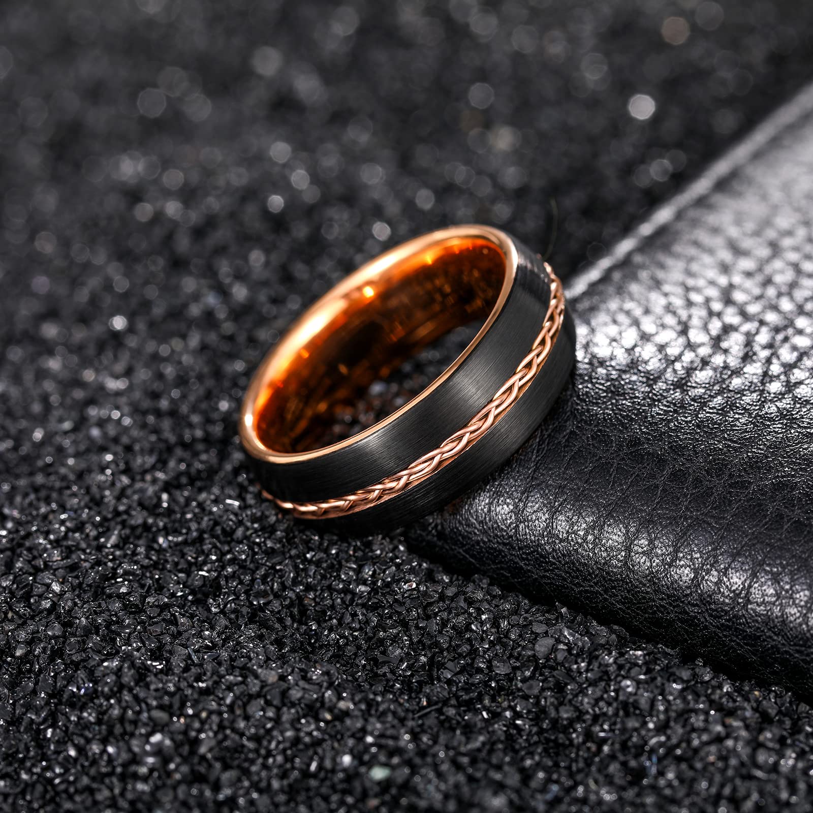 TRUMIUM 8mm Men's Tungsten Wedding Band - Grooved Gold Rope Design with Braided Inlay, Matte Finish, Comfort Fit Sizes 7-13 - Perfect for Engagement, Anniversary Gifts & Everyday Wear