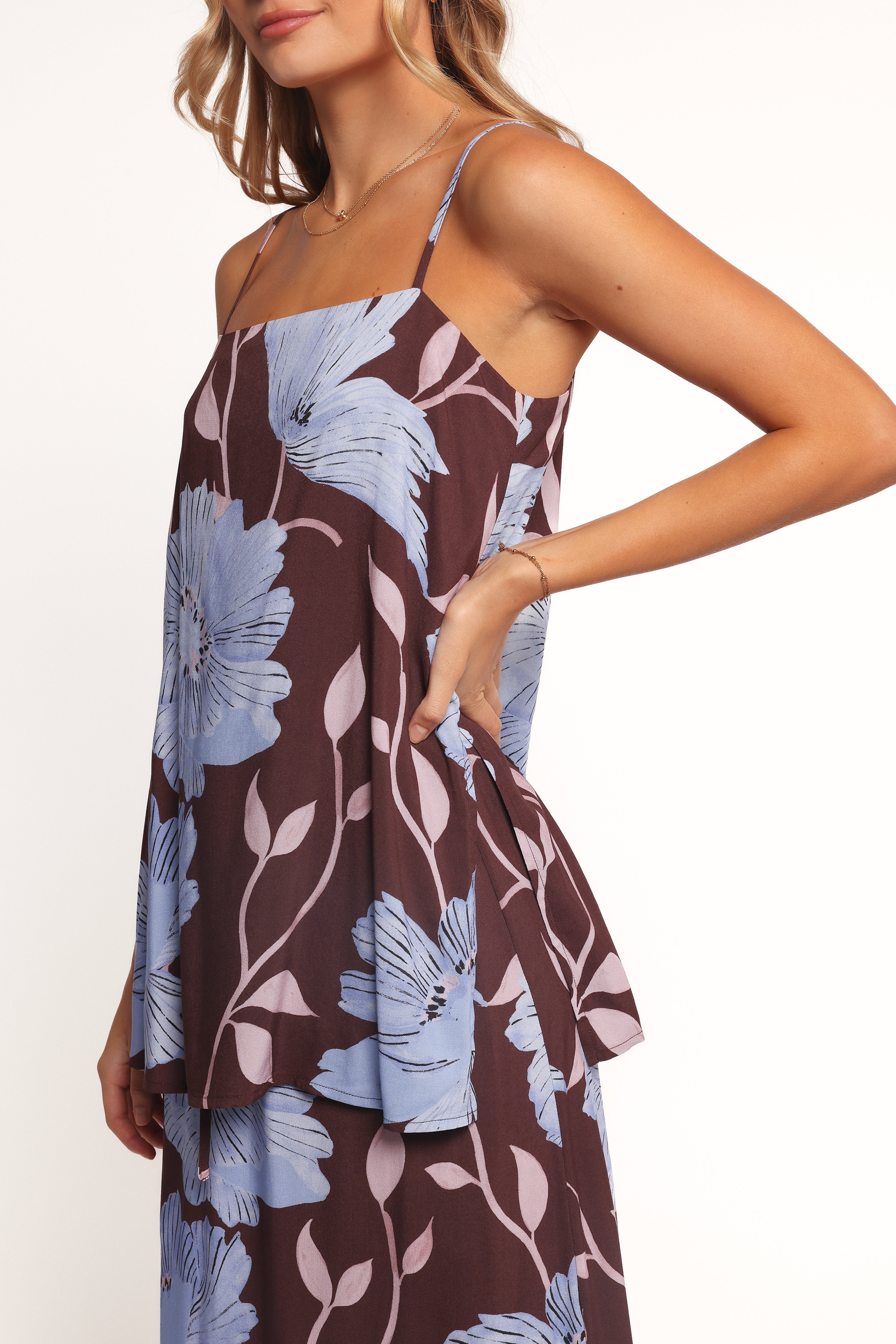 Angie Top Blue Poppies Floral Print Women's Blouse - Perfect for Casual Outings, Date Nights & Summer Vacations