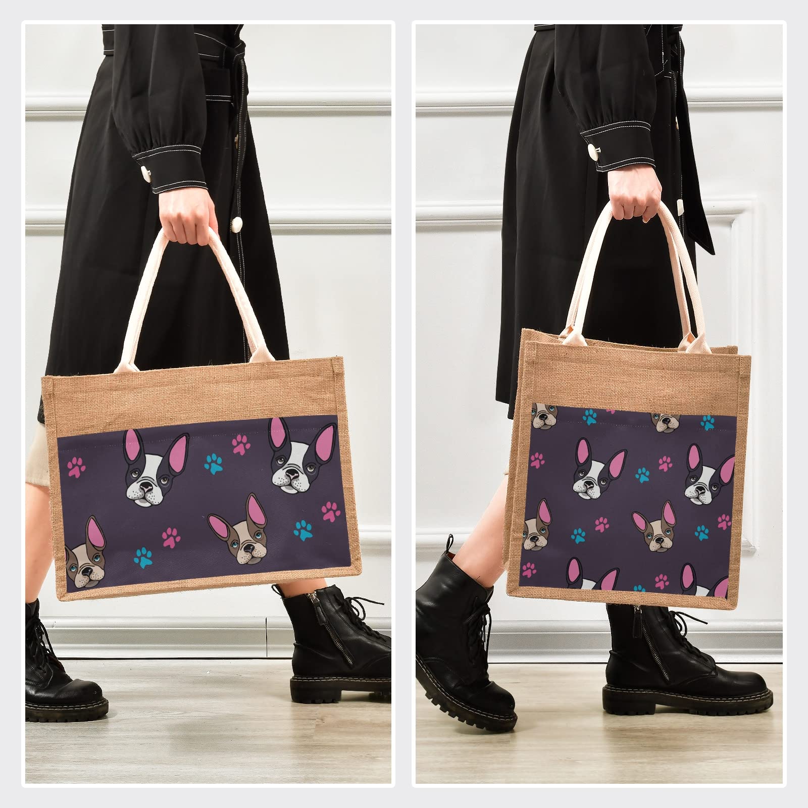 Stylish French Bulldog Puppies Jute Tote Bag for Women - Eco-Friendly Burlap Gift Bag with Sturdy Handle - Perfect for Shopping, Beach Trips & Casual Outings