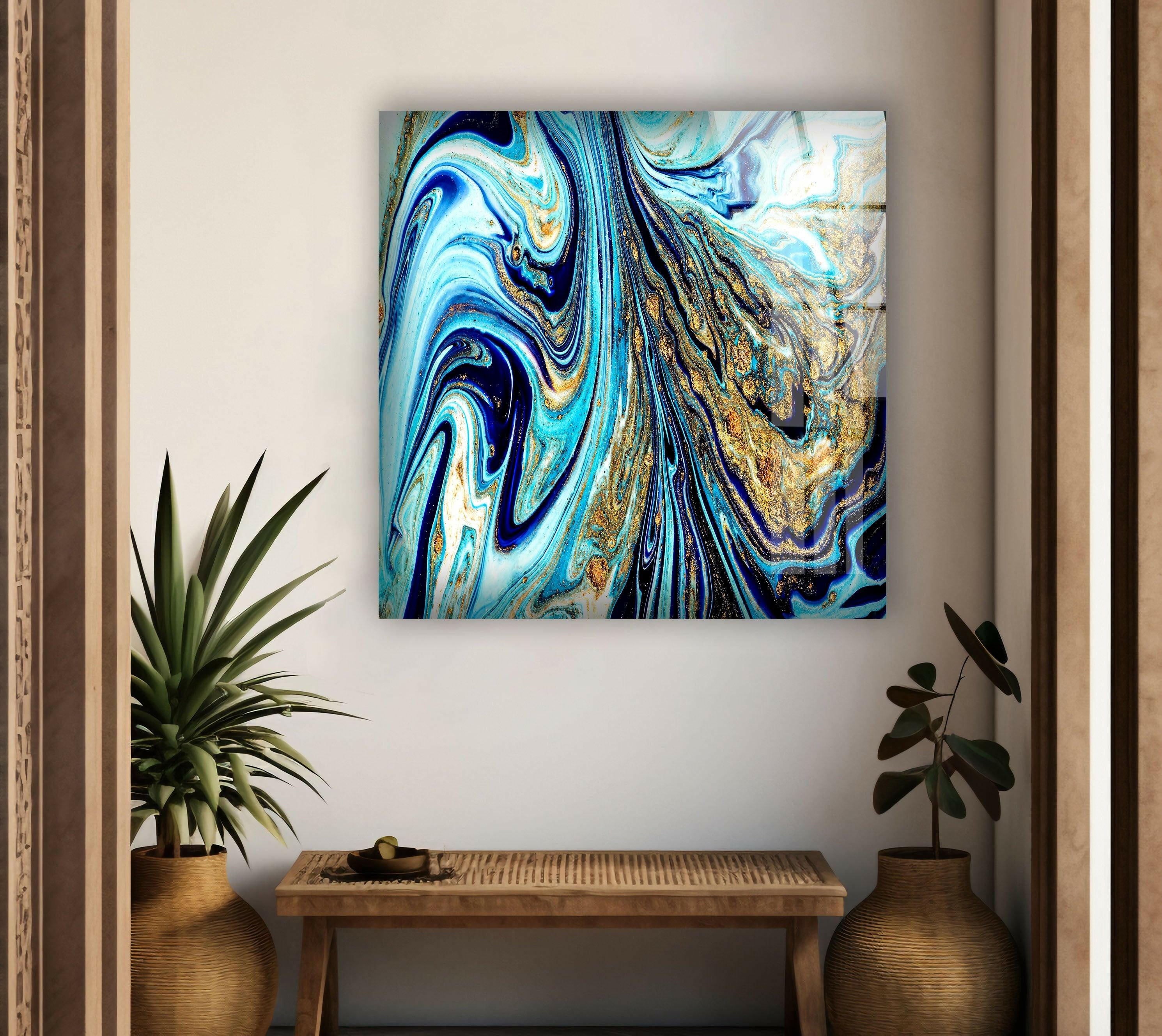 Blue and Gold Alcohol Ink Glass Wall Art - Handmade Abstract Painting for Home Decor, Office & Living Room