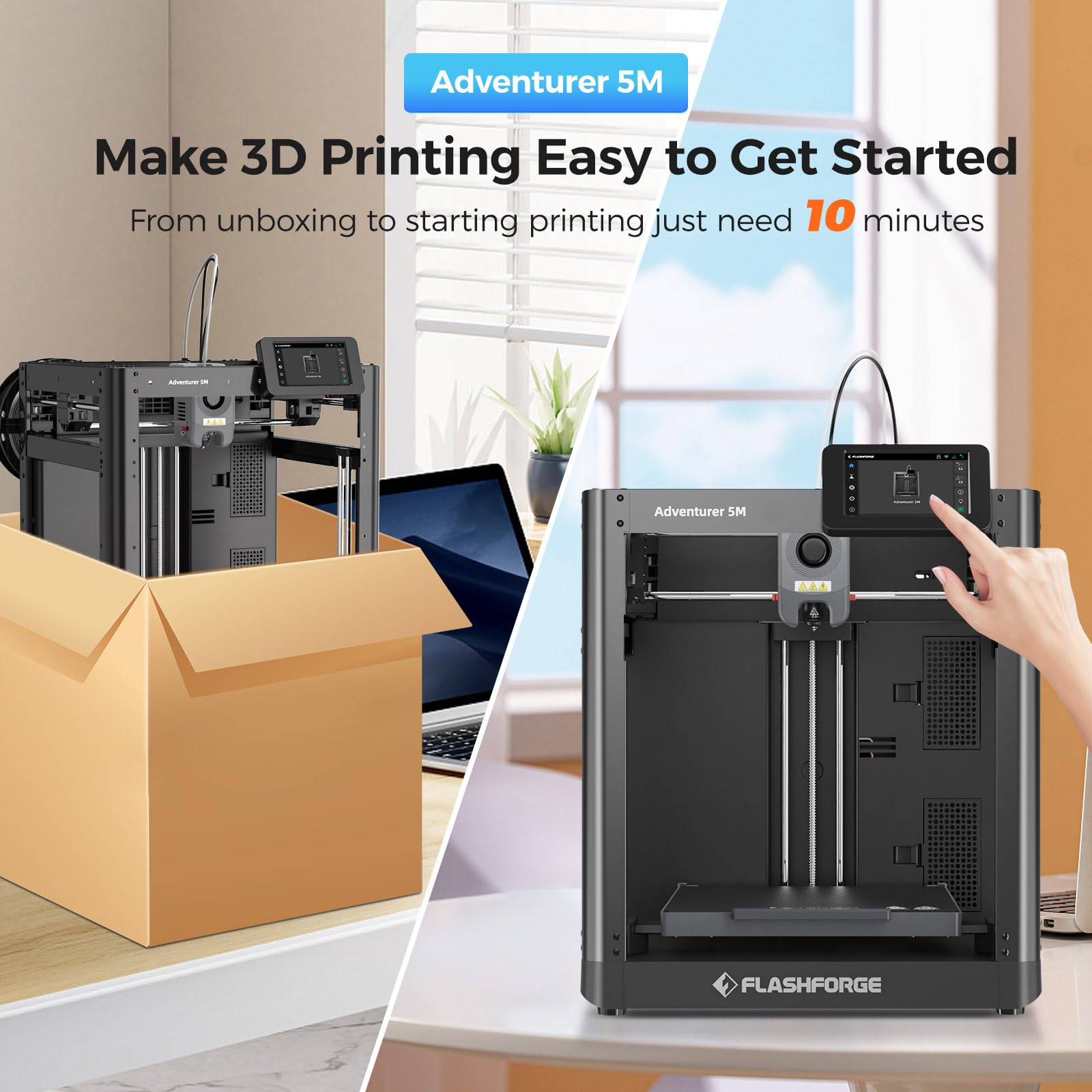 FLASHFORGE Adventurer 5M 3D Printer - 600mm/s High Speed Core XY Printer with Auto Leveling, 280°C Direct Extruder & Quick-Change Nozzle | Dual-Sided PEI Build Plate & Cooling System | Perfect for Home Use, STEM Education & Beginner 3D Printing Projects